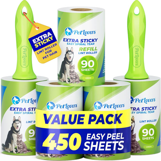 PetLovers Extra Sticky Lint Roller Mega Value Set 450 Sheets for Pet Hair Removal and Clothes, Dog and Cat Lint Remover 5 Pack Green