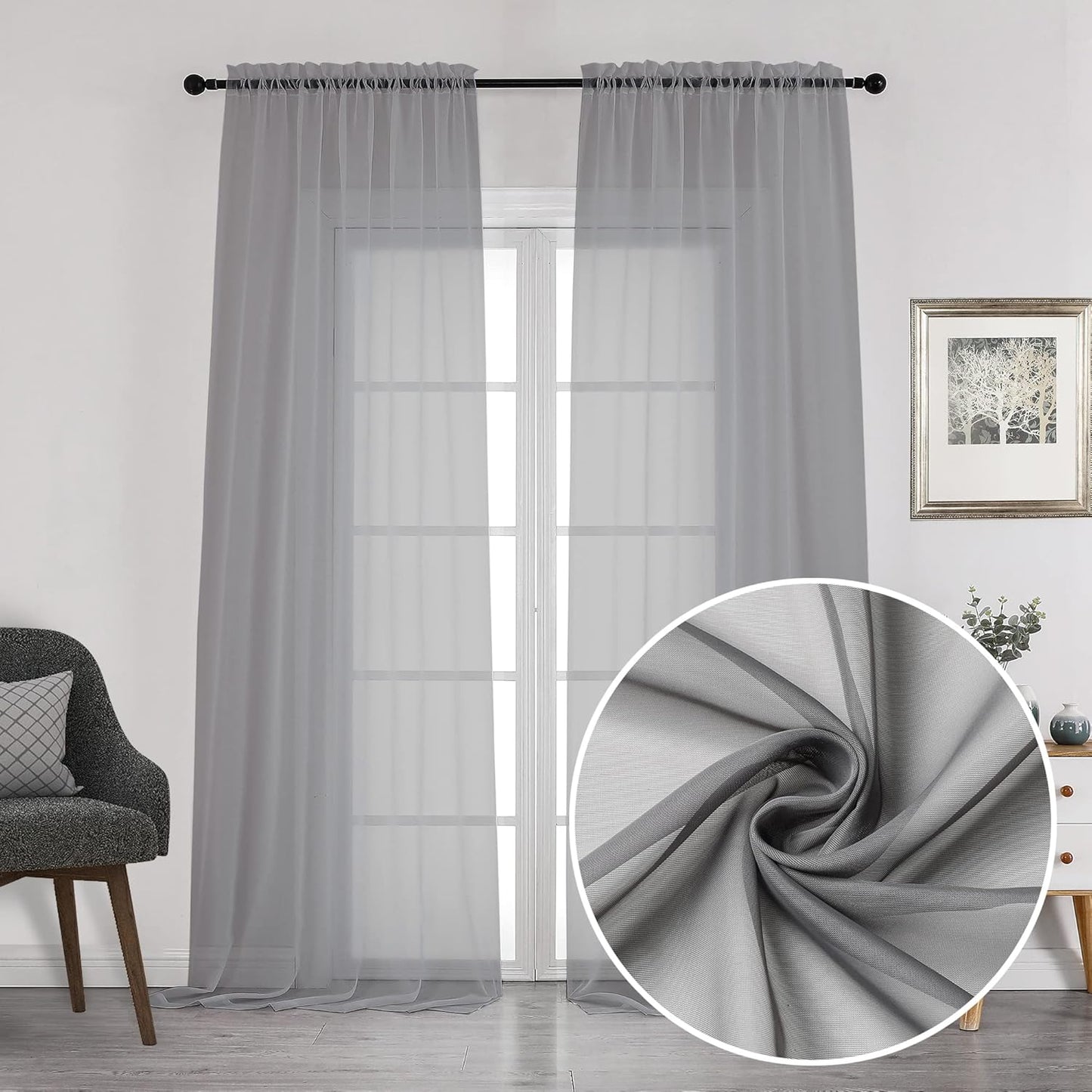 Chyhomenyc Charcoal Grey Sheer Curtains 108 Inch Length 2 Panels, Extra Long Light Filtering Solid Voile Window Drapes for Patio/Living Room/Wedding/Party Ceremony, 2 Panels, 9FT Length