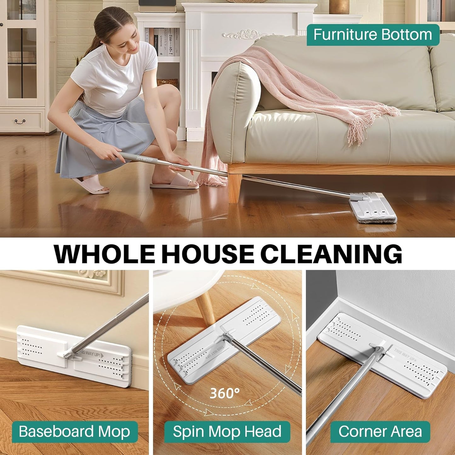 JOYMOOP Mop and Bucket with Wringer Set, Hands Free Flat Floor Mop and Bucket, with 8 Washable Microfiber Pads, Wet and Dry Use, Floor Cleaning System