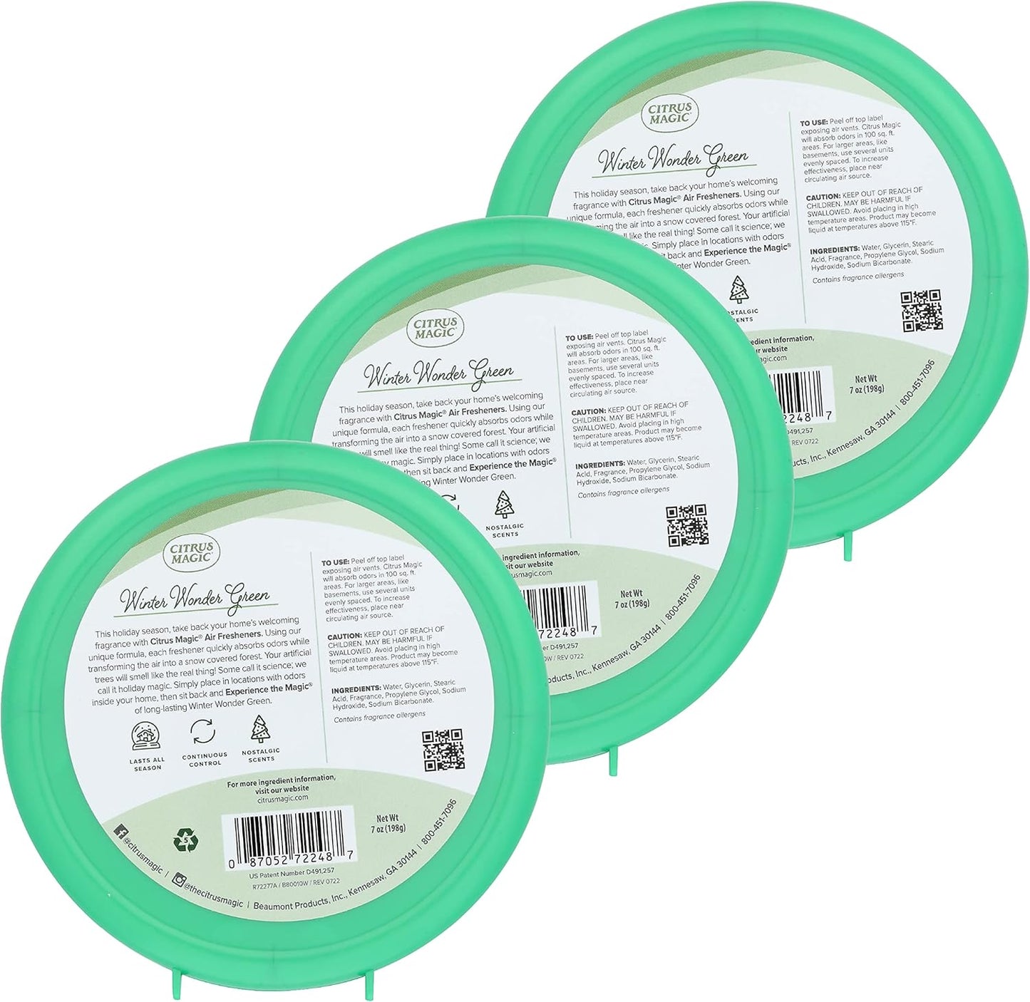 Citrus Magic Holiday Odor Absorbing Solid Air Freshener, Winter Wonder Green, 7-Ounce, Pack of 3