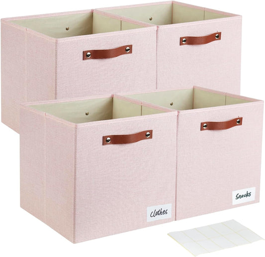 Collapsible Fabric Storage Cube Bins with 2 Reinforced PU Handles, Foldable Storage Organizer Baskets for Closet, Shelves, Living Room | 13"x13"x13", 4 Pack, Full Pink