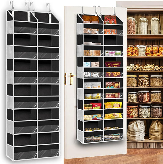 Over The Door Organizer 6 Tiers, Extra Large Behind Door Storage of 12 Compartments, 80 lbs Weight Capacity Hanging Storage Organizer with Clear Window Kids Toys, Shoes, Diapers, Room Storage,Black