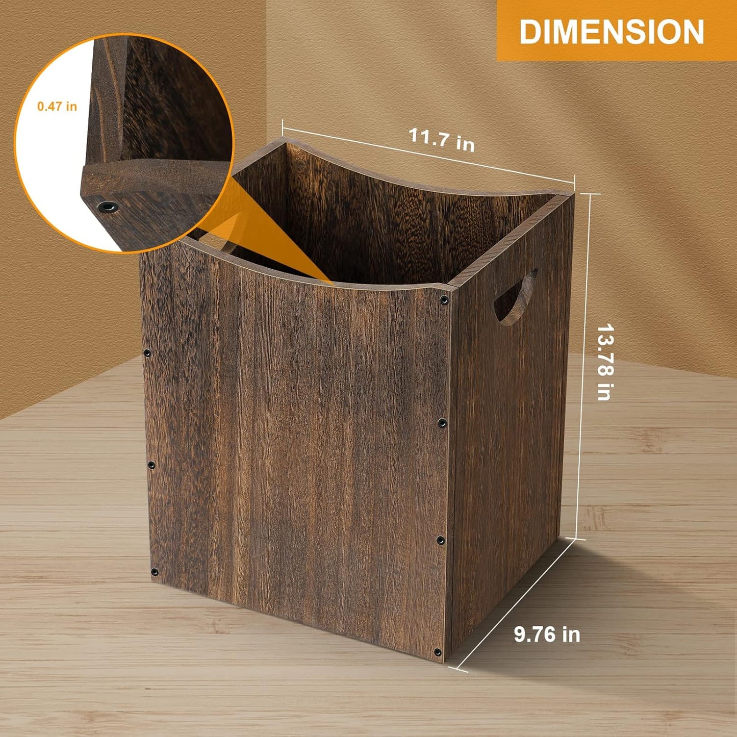 Wood Trash Can 5.3 Gallon Office Wastebasket Farmhouse Rectangular Garbage Can with Built-in Handles Small Trash Can for Bedroom Office Kitchen Bathroom Under Desk Large Storage