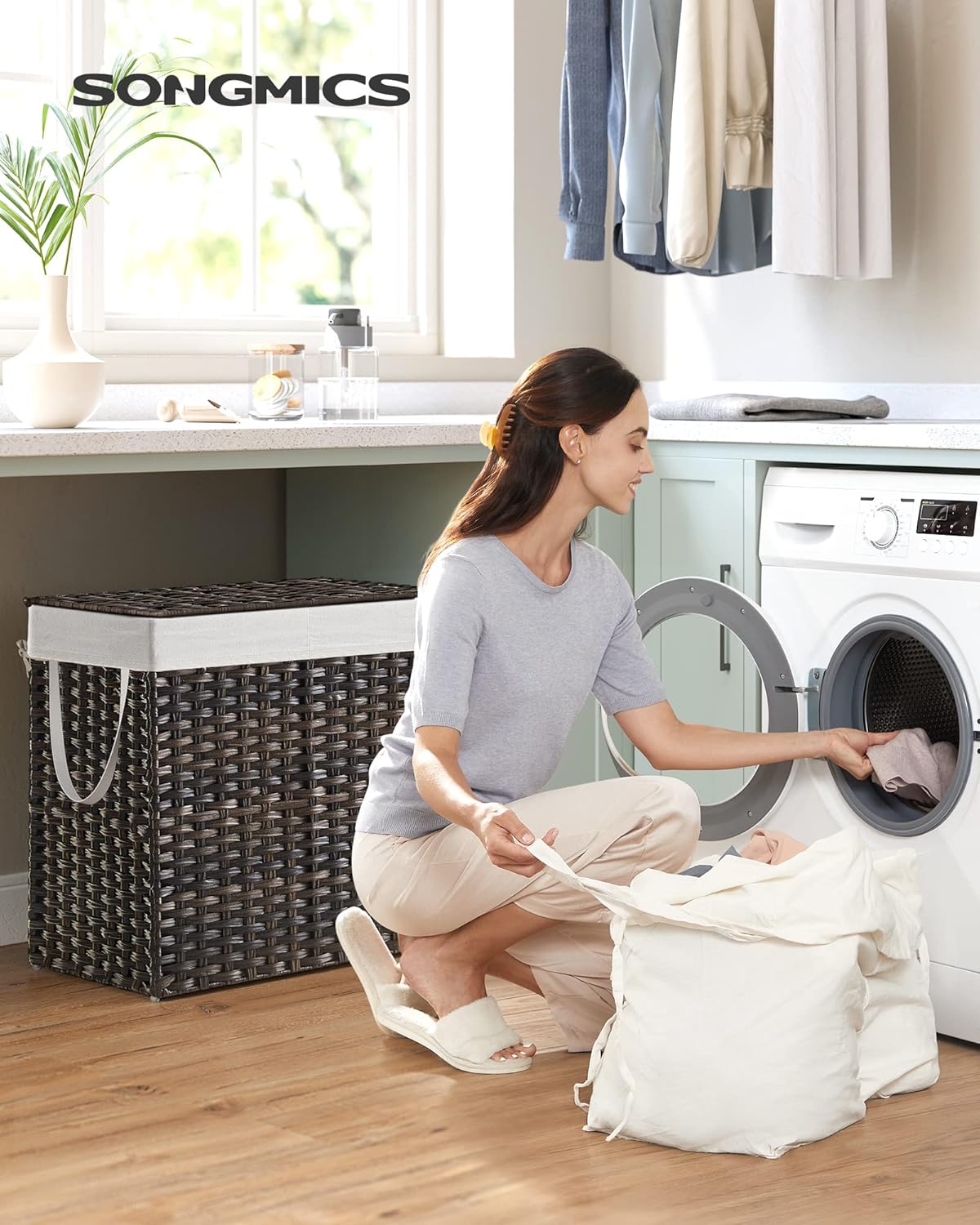 SONGMICS Laundry Hamper with Lid, 130L Clothes Hamper with 2 Removable Liner Bags and 6 Mesh Bags, Wicker Laundry Basket, Double Laundry Hamper for Bathroom, 13 x 26 x 23.6 Inches, Brown ULCB253K01