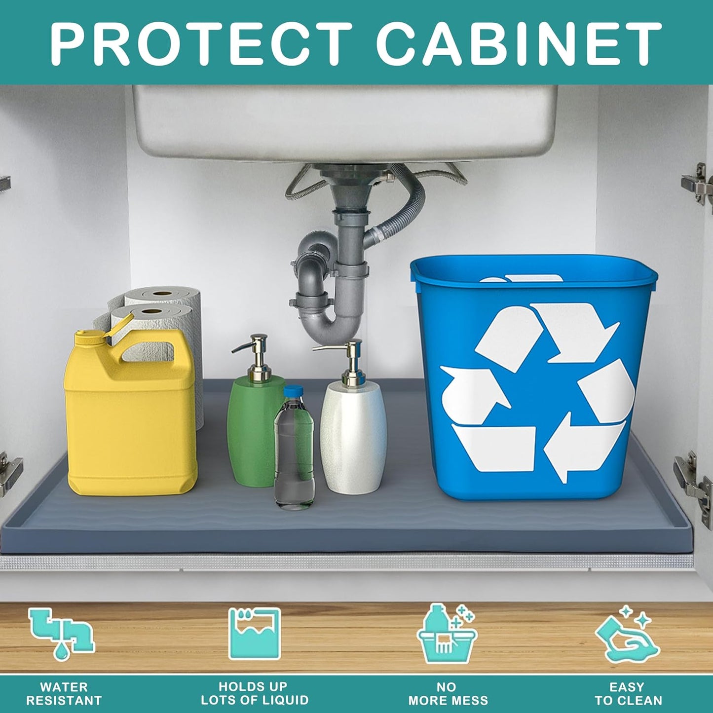 URMONA Waterproof Silicone Under Sink Mat 34'' x 22'' Shelf Liner for Kitchen and Bathroom, Cabinet and Counter Protector, Storage and Organizers, Litter Mat, Pet Cat Puppy Essentials(Cream)