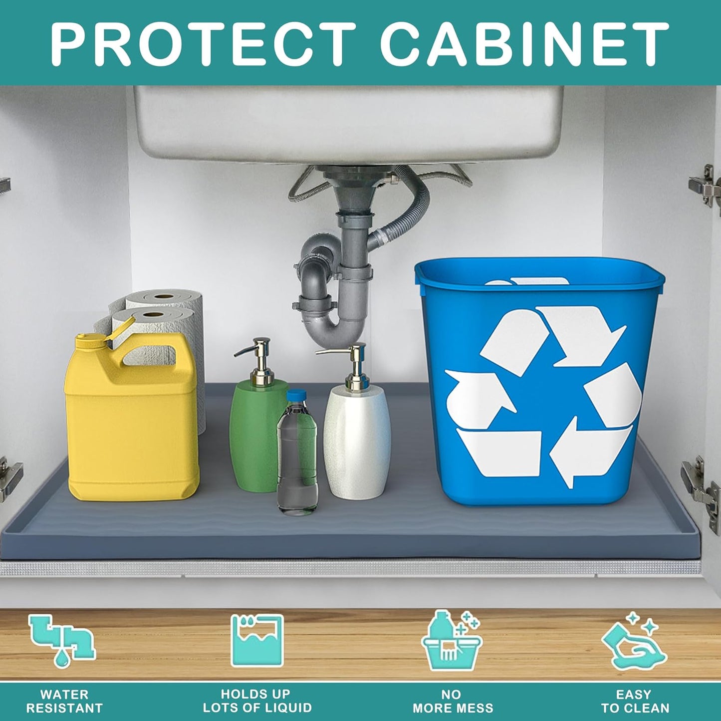 URMONA Waterproof Silicone Under Sink Mat 34'' x 22'' Shelf Liner for Kitchen and Bathroom, Cabinet and Counter Protector, Storage and Organizers, Litter Mat, Pet Cat Puppy Essentials(Beige)