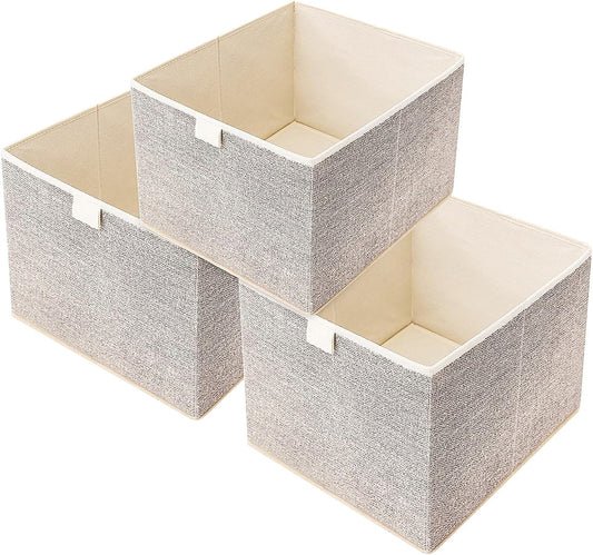 Storage Baskets, 11.8-Inch Woven Fabric Bins, Storage Cubes with Reinforced Handles, Organizer Bins for Closet Shelves, Foldable, for Toys, Clothes, Natural Beige (3PCS/Beige-11.8*11.8*11.8inch)