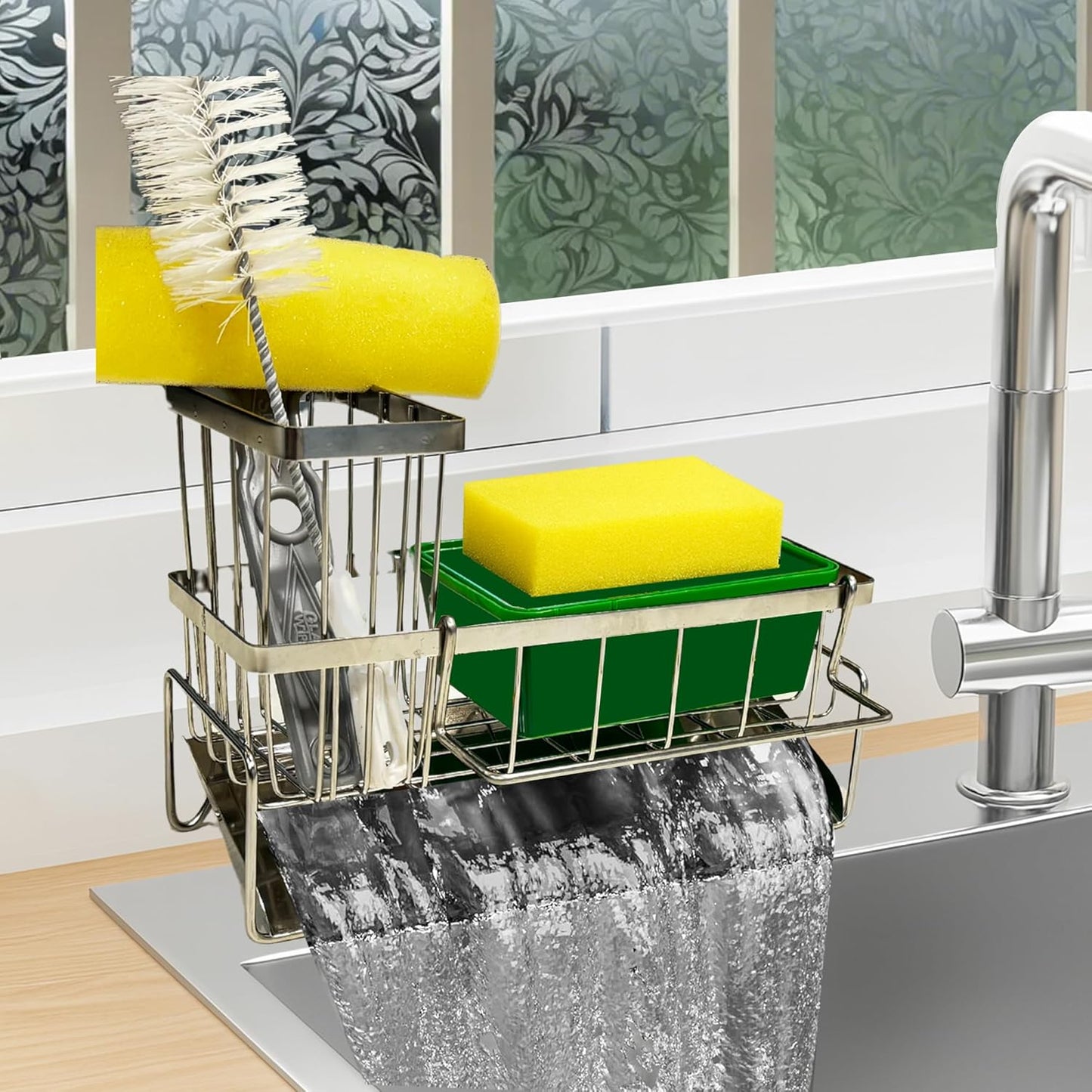 Sponge Holder for Kitchen Sink Self-Draining Sink Caddy with Brush & Dishcloth Holders Stainless Steel Kitchen Organizer for Countertop Rustproof & Durable