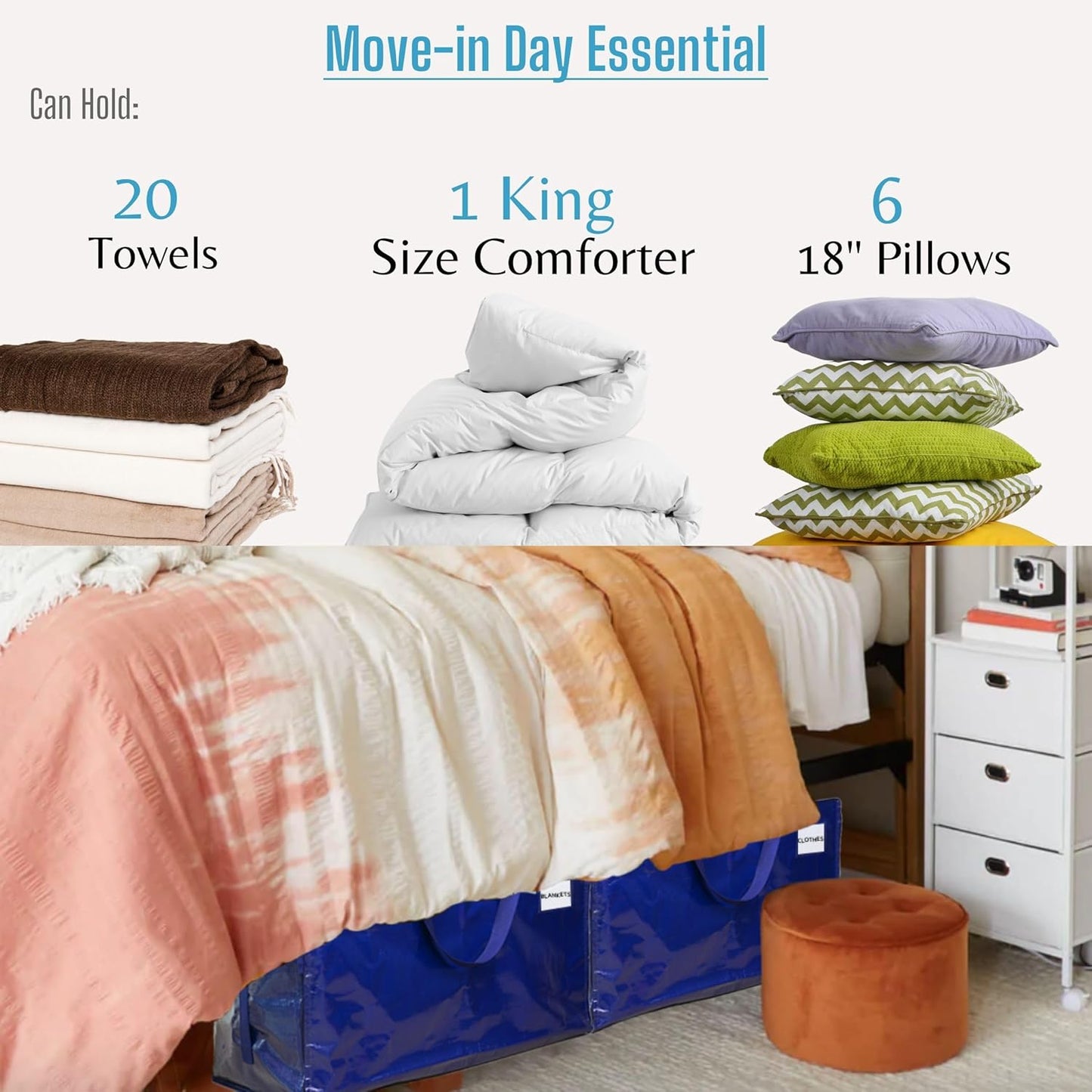 VENO 6 Pack Moving and Storage Bags, Heavy Duty, Alternative to Moving Boxes, Large Packing Totes Supplies for College Dorm Room with Zipper for Clothes, Wide Open Design (Blue, 6 Pack)