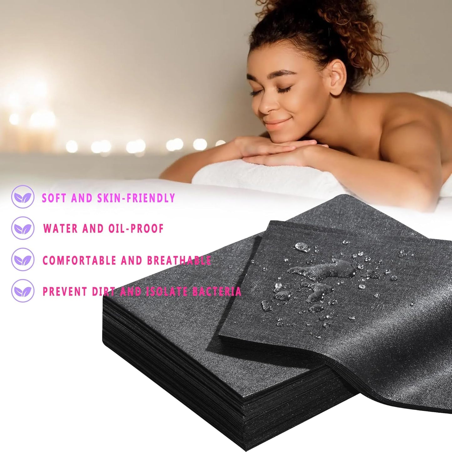 Disposable Bed Sheets 50 Pcs 31" x 71" Massage Table Sheets Non Woven Fabric SPA Bed Cover Breathable for Massage Beauty Tattoos（Black）