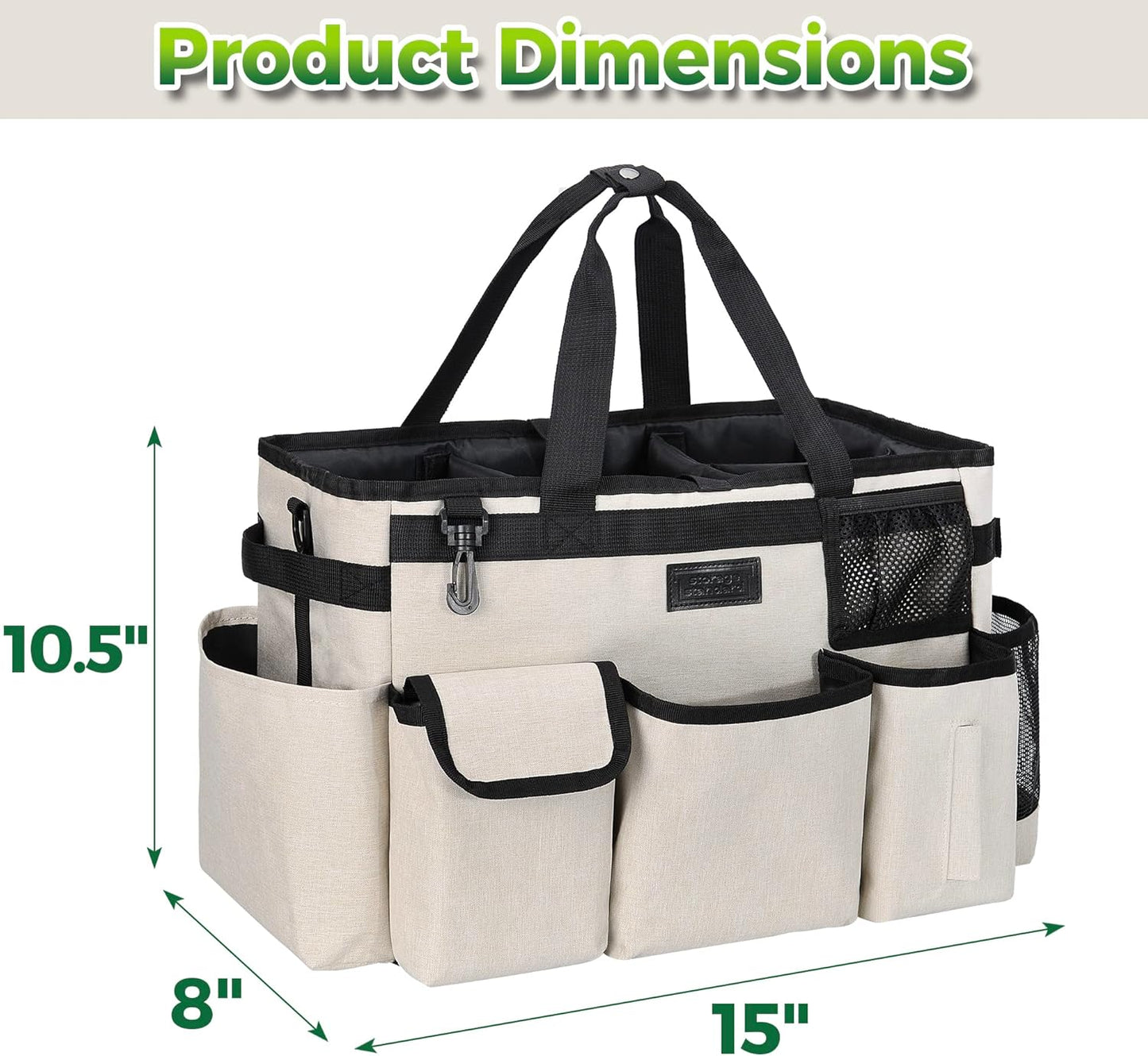 Cleaning Caddy Organizer with Handle - Large Caddy Bag for House & Bathroom Cleaning Supplies, 15 x 8 x 10.5 inches Cleaning Supply Caddy, Housekeeping Tote with Adjustable Strap - Beige