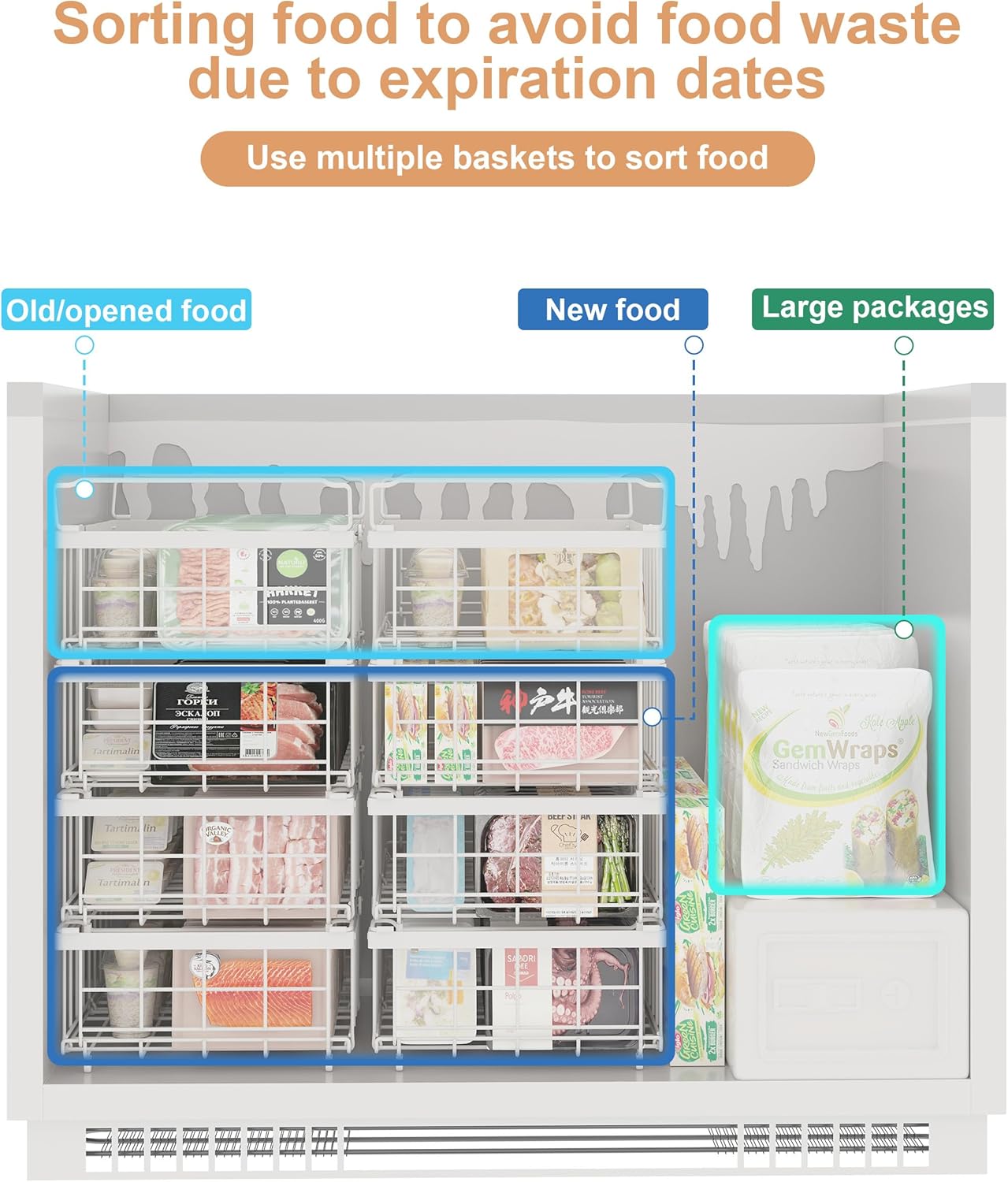 UMDONX 4 Pack Expandable Freezer Organizer Bins Large Freezer organizer Bins Stackable 11.4" Expand to 17.9", Fit 10 to 20 Cu.FT Black