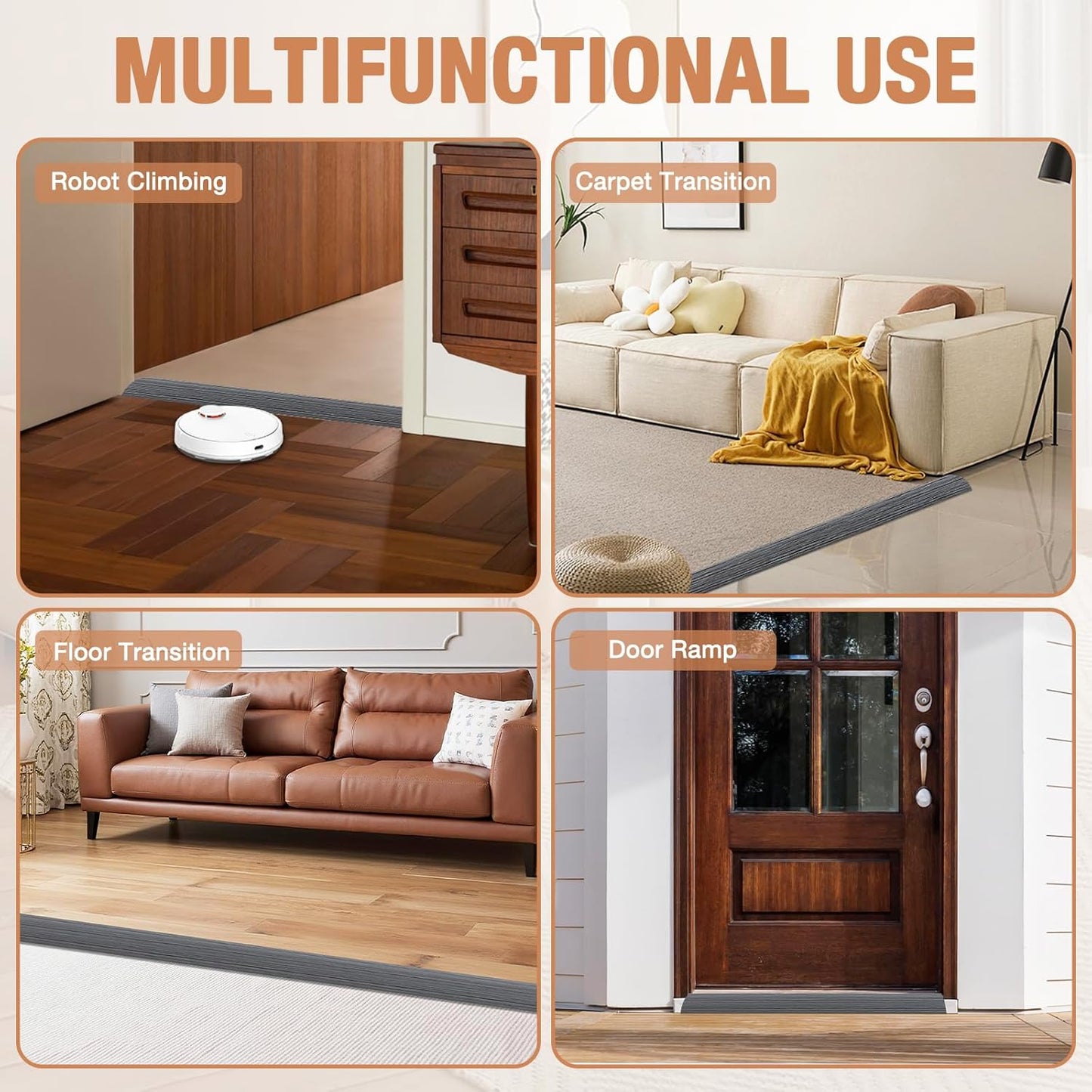 Floor Transition Strip Self Adhesive Vinyl Door Threshold for Doorways Carpet Edging Trim Overlap Edge Reducer for Laminate Floor, Carpet, Tile (Deep Gray Wood Grain, 1/5" to 2/5", 3.3Ft)