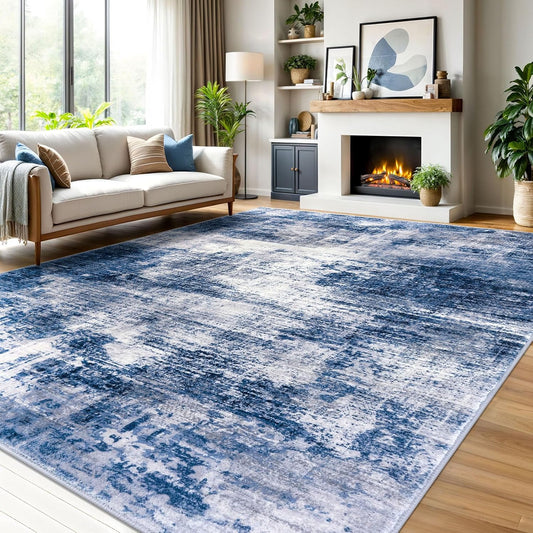 IOHOUZE Abstract Area Rugs 9x12 Ft Washable Large Rugs for Living Room, Non Slip Dining Room Rug, Printed Faux Wool Rugs for Bedroom, Floor Carpet for Office Nursery Playroom, Navy/Grey