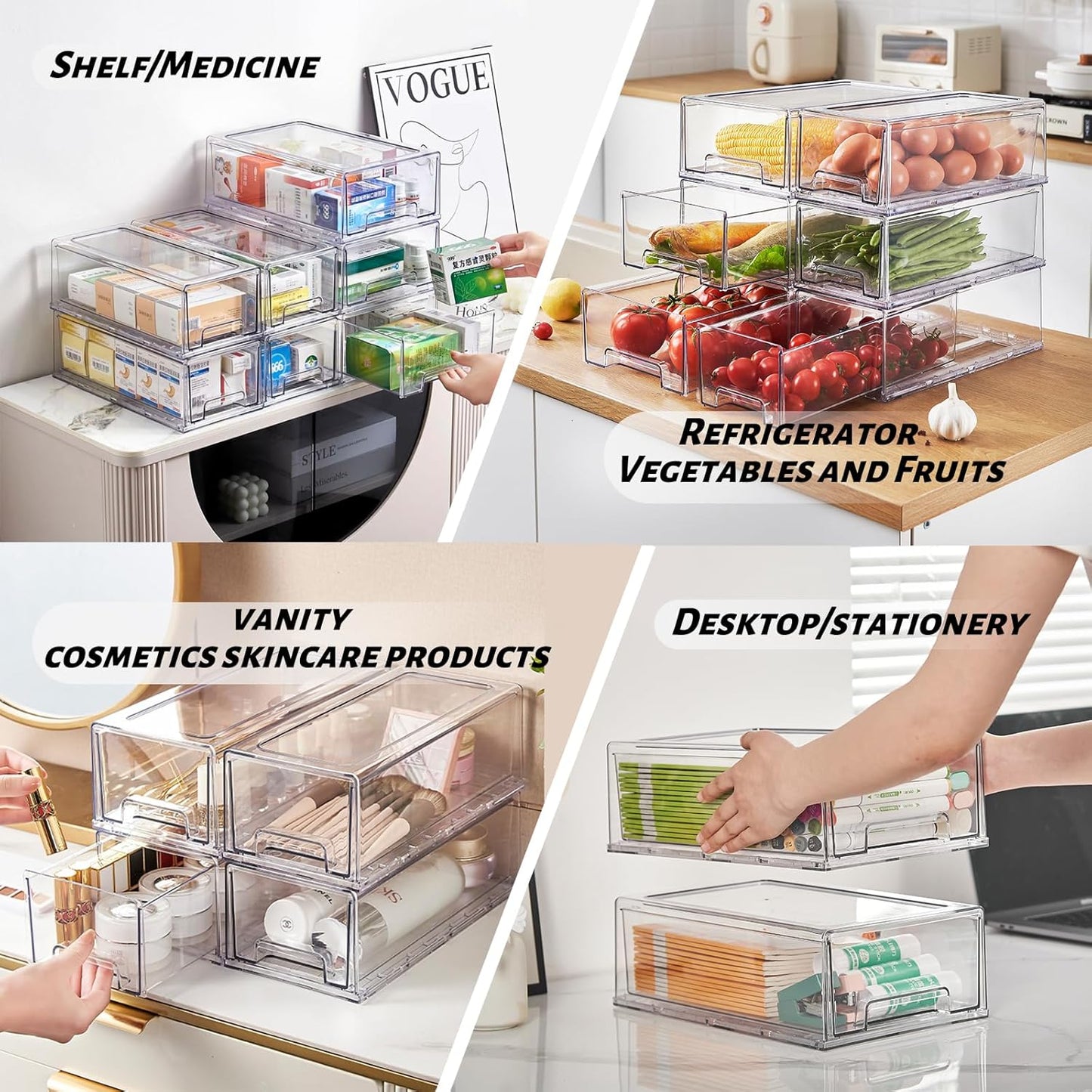 PeJeyiee 6 Pack Clear Stackable Refrigerator Organizers and Storage Drawers - Pull-Out Fridge Bins with Anti-Slip Base & Easy Clean, Plastic Organizers for Kitchen Pantry Cabinet Closet (Large)