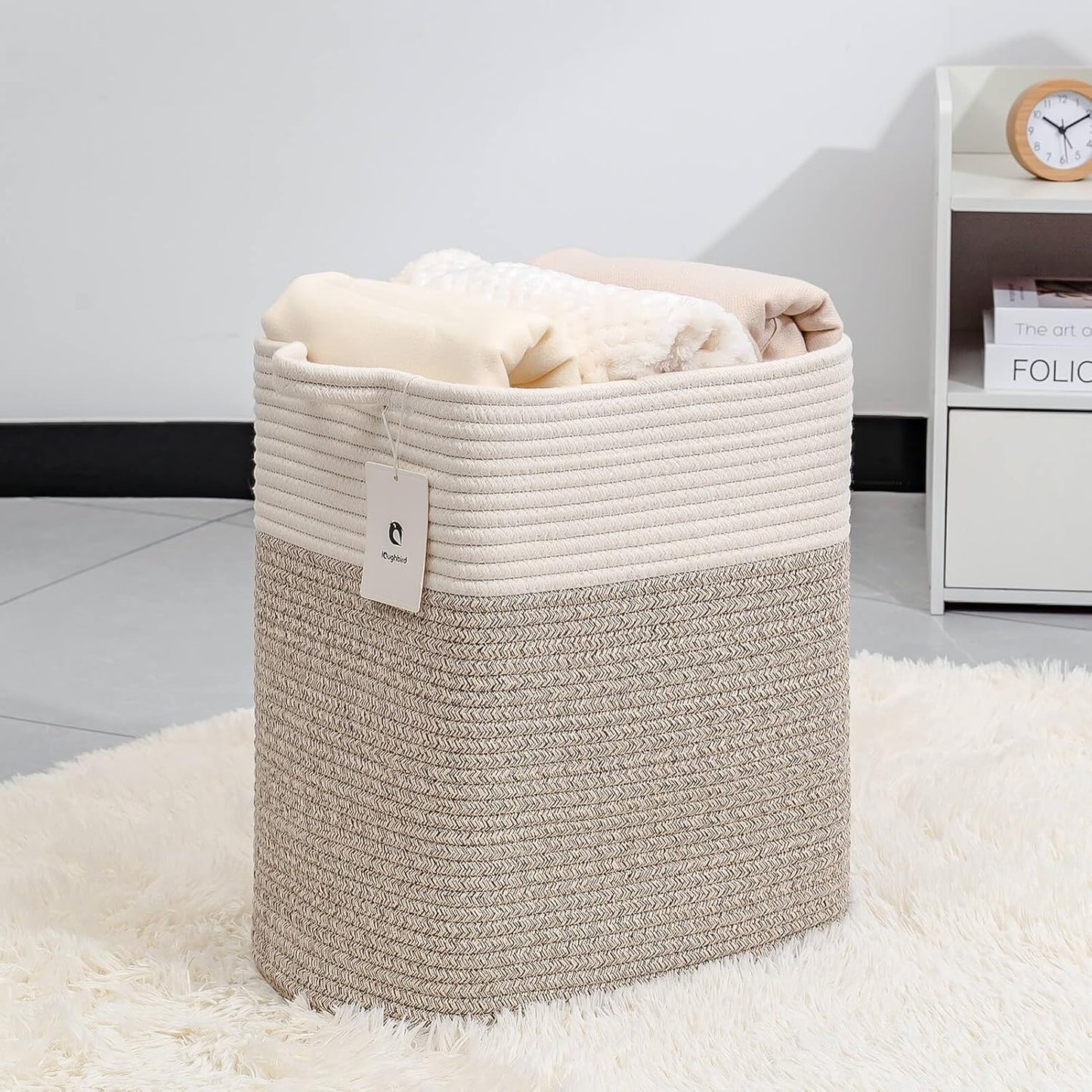 Medium and Large Woven Basket//With Handle, Used for Toys and Fabric Storage Basket used for Storing xl Storage Box, Decorative Storage Box Room (14L*15.7H WWhite Brown, 14L*10W*15.7H)