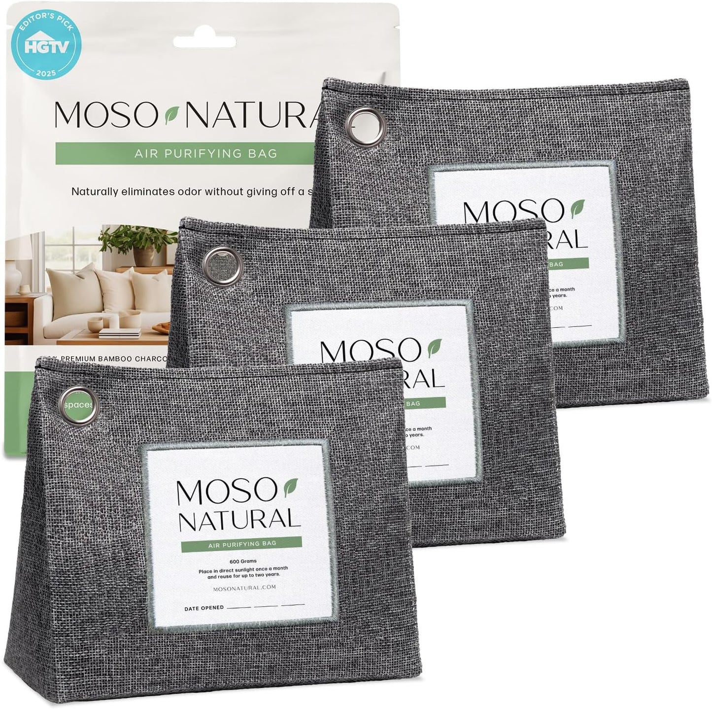 Moso Natural Air Purifying Bag 600g (3 Pack) Premium Bamboo Charcoal Odor Absorber | Pet Odor Eliminator for Home | Room Deodorizer for Large Spaces, Bedroom, Kitchen, Basement | Charcoal Bags