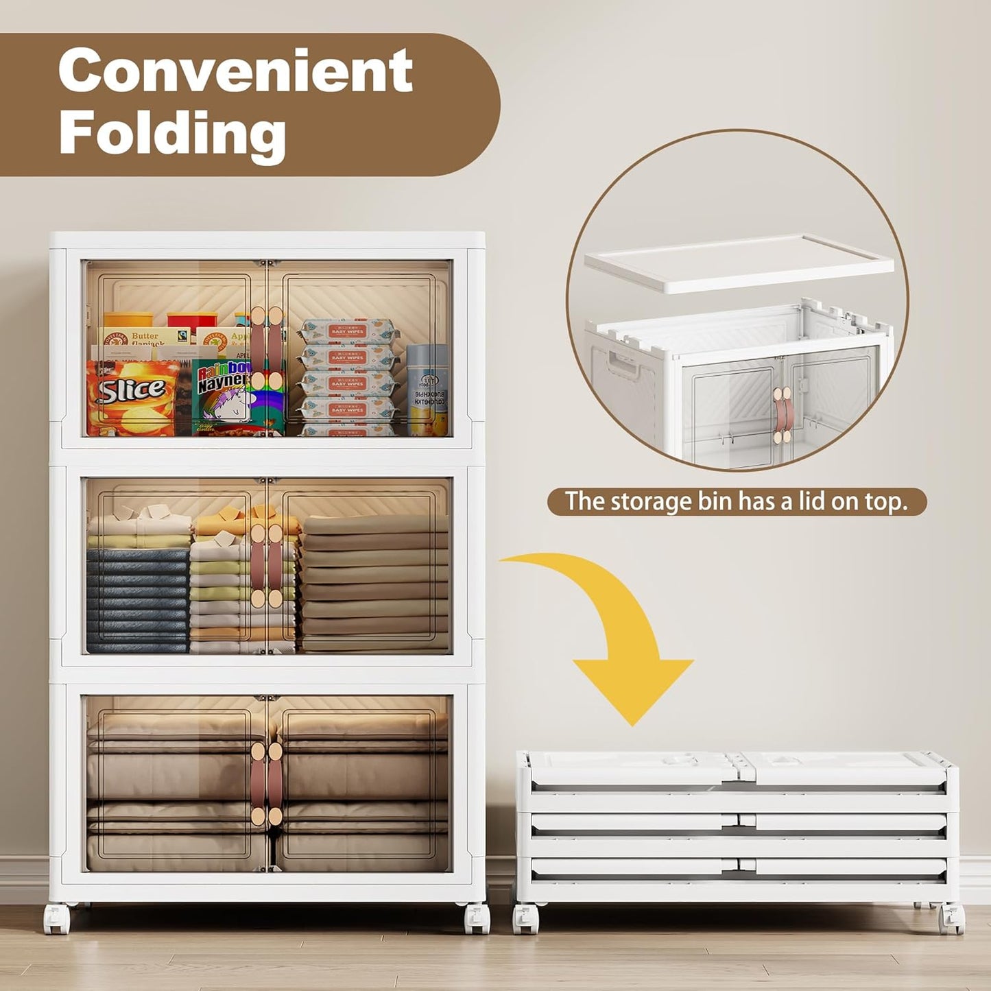 SAILUN 471QT Extra Large Collapsible Storage Bins with Wheels and Lid, Stackable Storage Bins Open Closet Organizers and Storage Storage Containers Drawers,30" L × 19.7" W × 50.4" H（3 Pack）