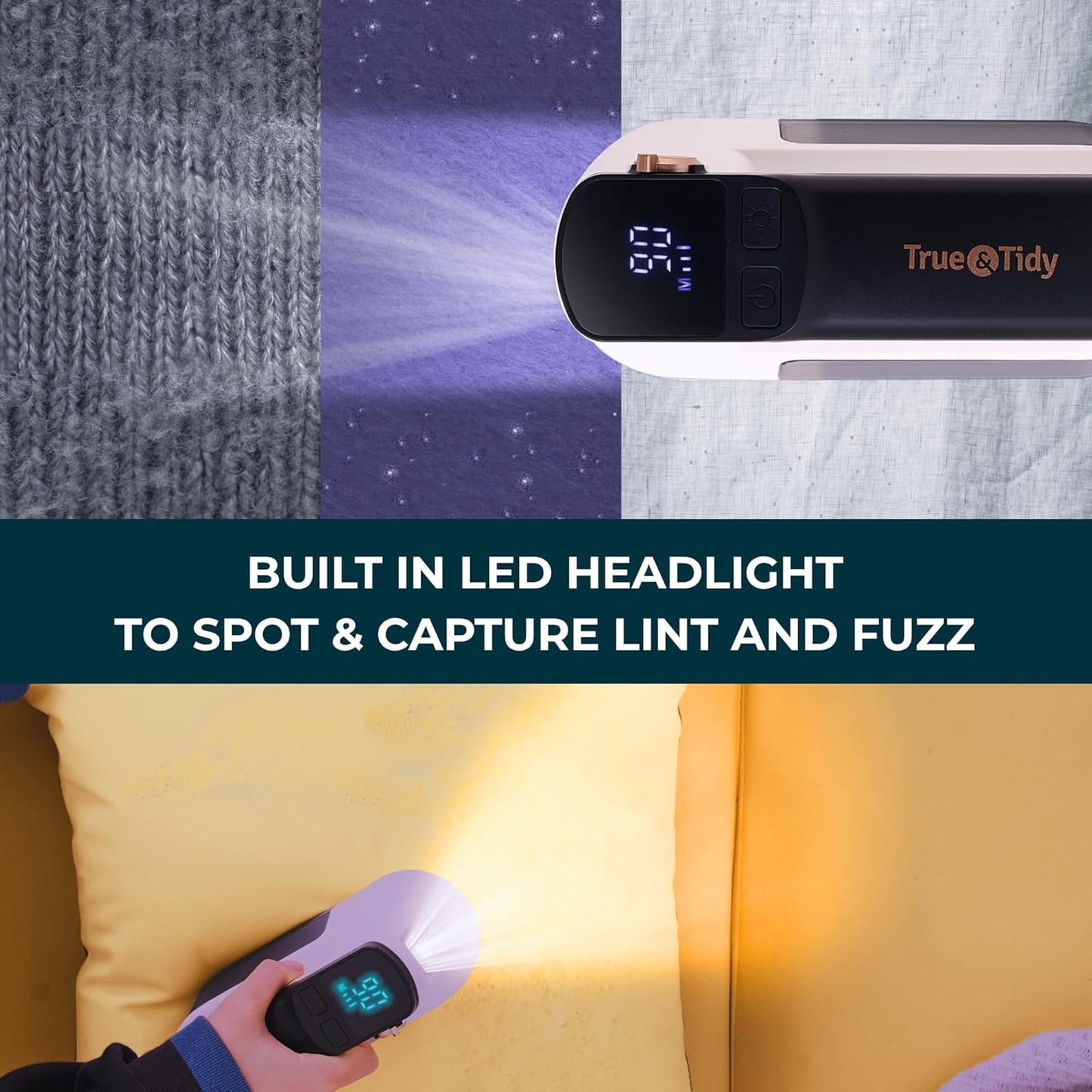 True & Tidy XL Rechargeable Fabric Shaver with Light, 6-Leaf Steel Blades, 3-Speed Motor, LED Digital Display, Lint Remover for Clothes, Furniture & Upholstery (White, Turbo)