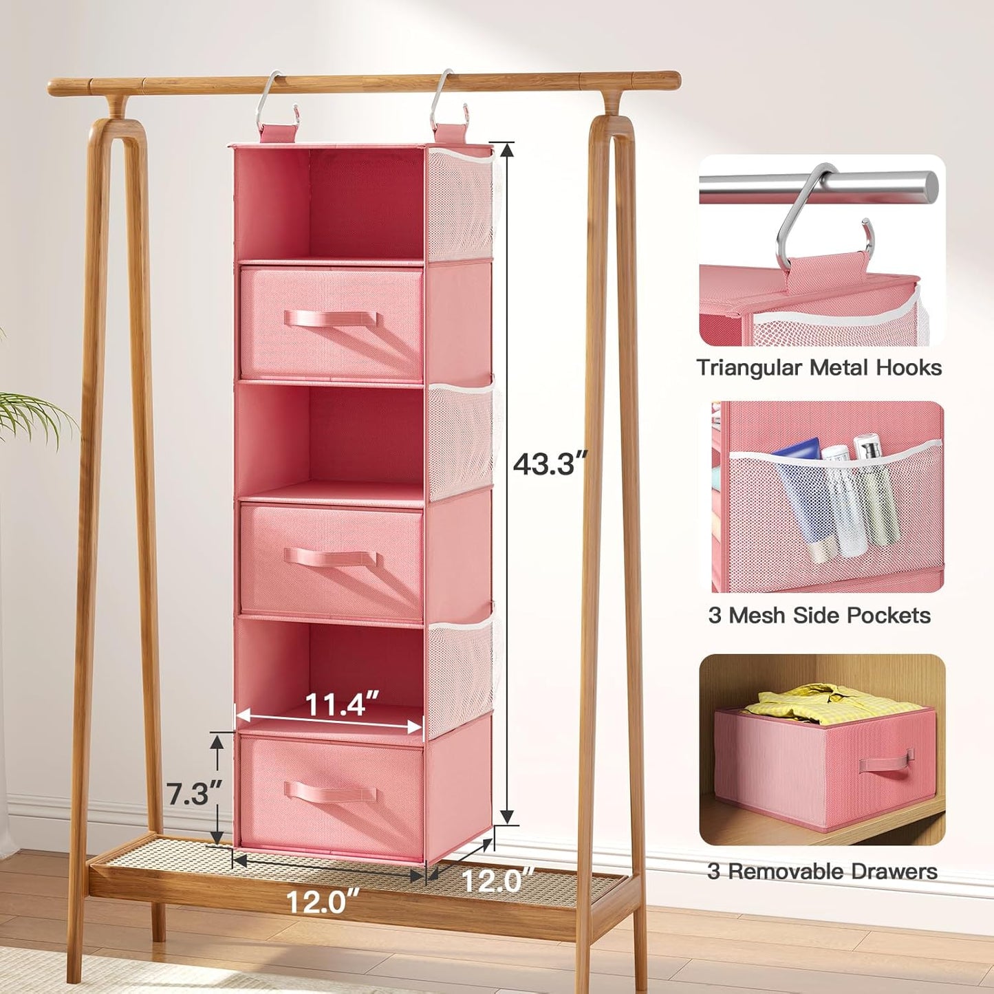 Pipishell Hanging Closet Organizer 6-Shelf, Hanging Shelves for Closet with 3 Removable Drawers & Side Pockets, Hanging Shelf Organizer for Bedroom or Garment Rack, 12'' x 12'' x 43.3'', Pink