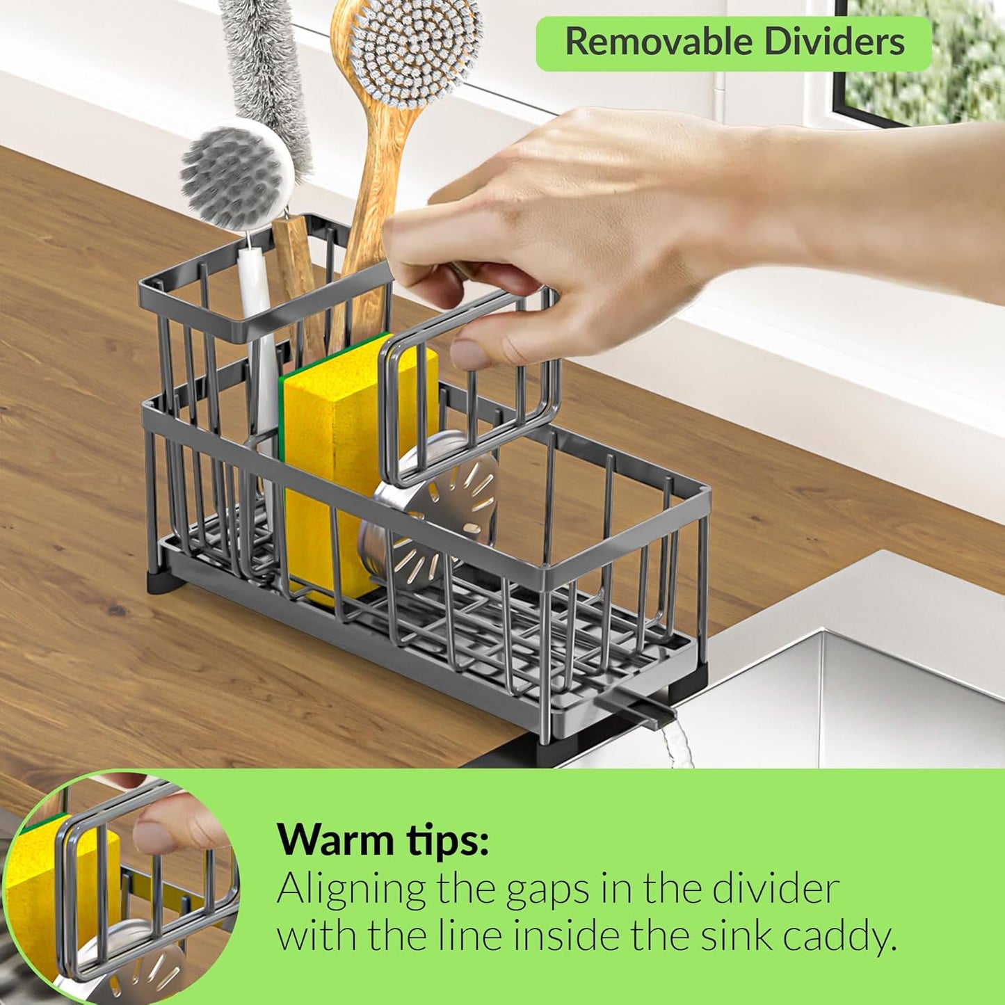 Self-Draining Kitchen Sink Caddy with Elevated Brush Holder – Rustproof Stainless Steel Multipurpose Sponge Holder for Kitchen Sink Organizer with Durable Design for Countertop