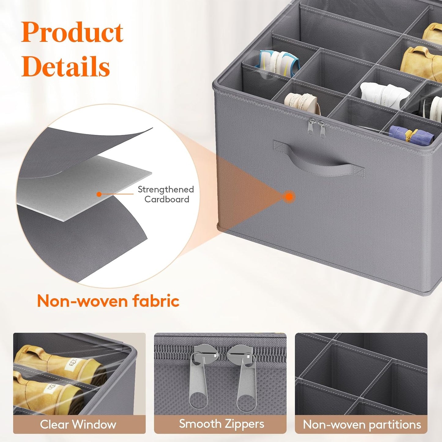 Lifewit Shoe Storage Organizer for Closet Fits 12-16 Pairs, Fabric Large Shoe Box Storage Containers with Clear Cover, Foldable Bins Fit for Boots Heels Sneakers 17"(L) x 17"(W) x 12.5"(H) 1 Pack Gray