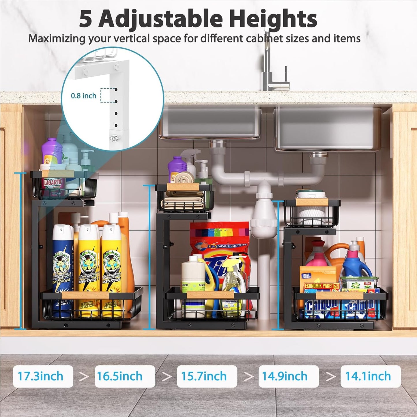 Under Sink Organizer Storage 1 pack, 2 Tier Slide Out Height Adjustable Pull Out Cabinet Organizer Drawers, Kitchen Bathroom Large Capacity Metal Under Sink Rack Caddy Basket Shelves, Black