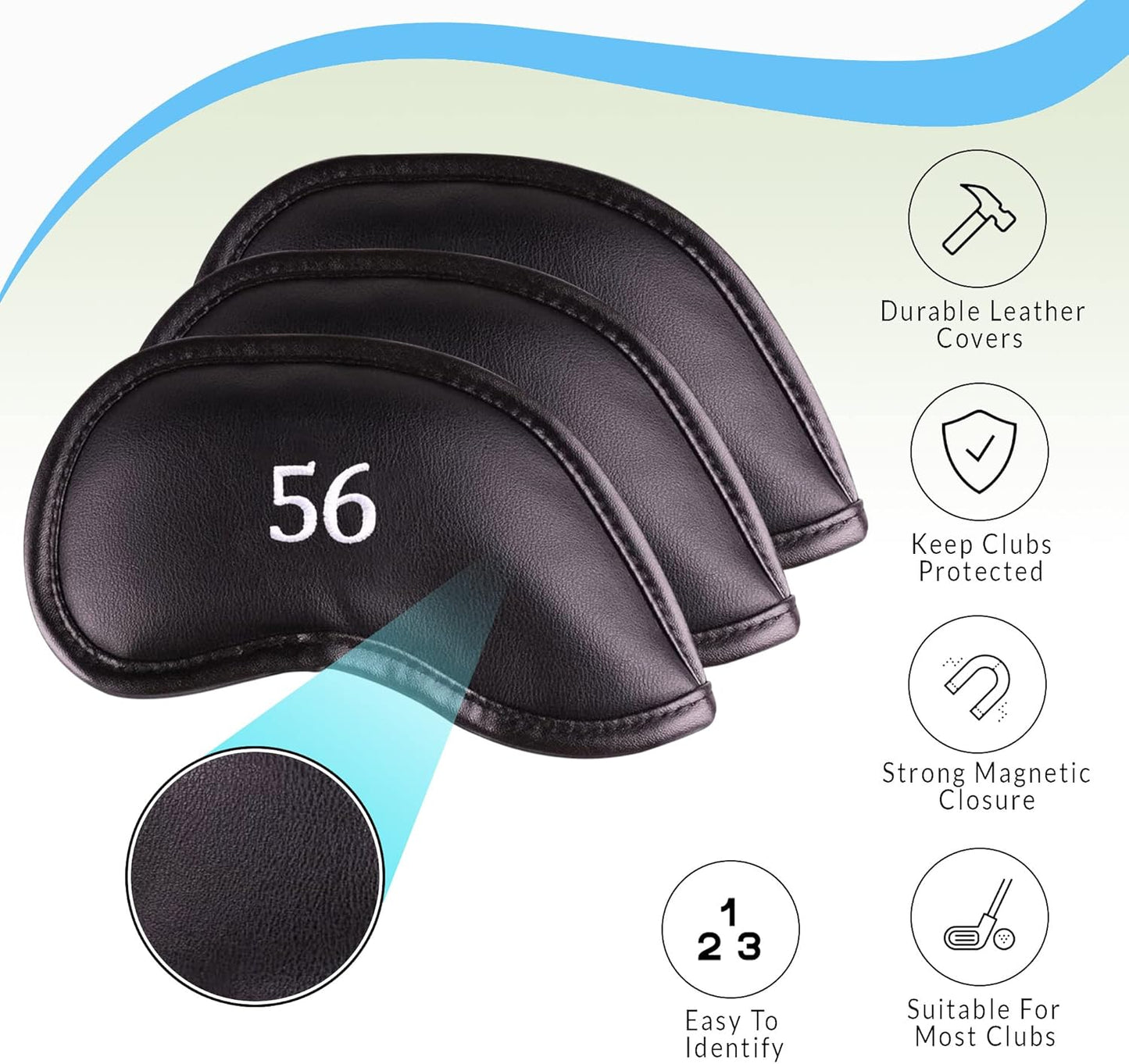 Premium Magnetic Leather Iron and Wedge Golf Club Head Covers | Set of 10 | Fits Most Clubs | Embroidered Club Label on Both Sides of Club Head Cover