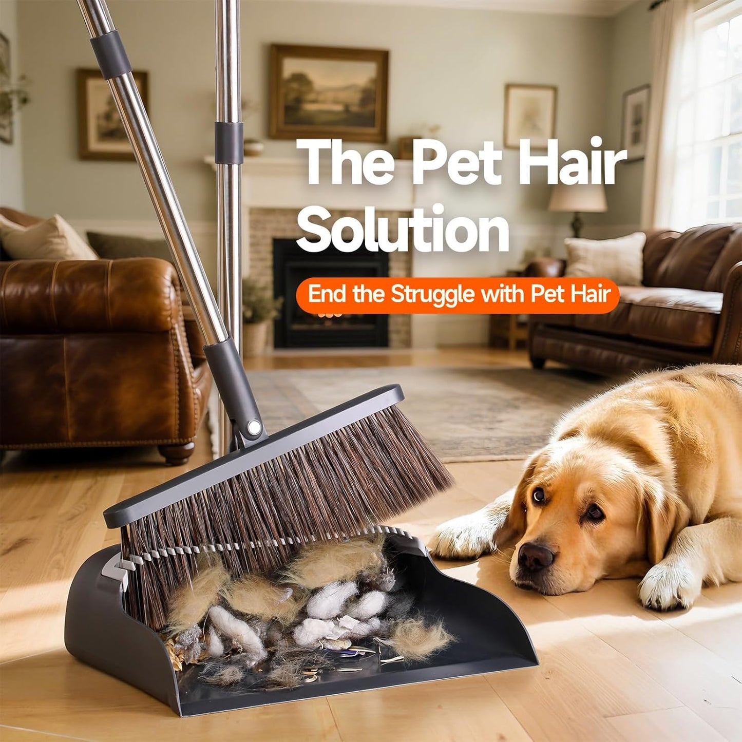 Broom and Dustpan Set for Home, Extra Brush Head & 51.6" Adjustable Long Handle, with Comb Teeth for Pet Hair, Lightweight Indoor Sweeping Kit for Hardwood Floor