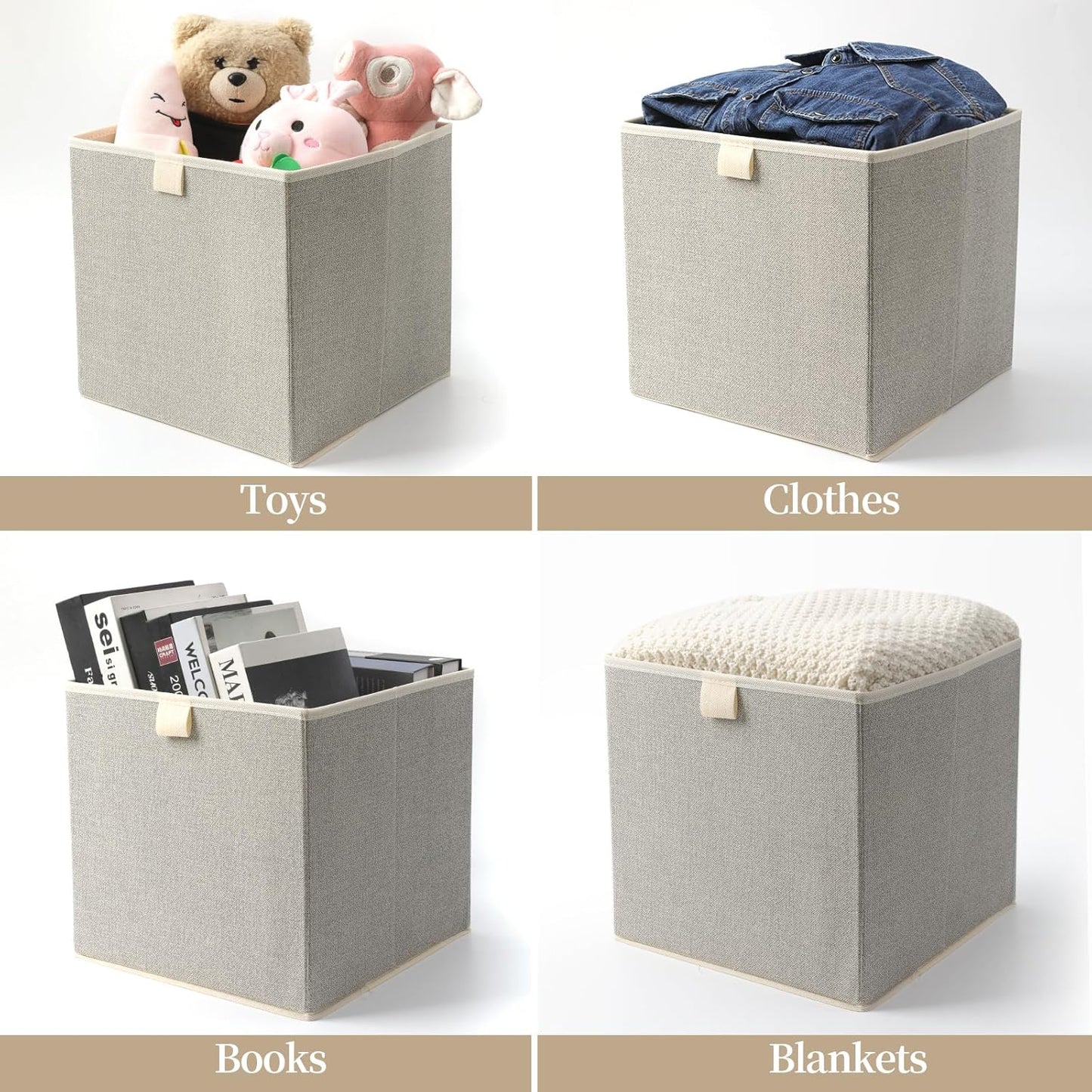Storage Baskets, 11.8-Inch Woven Fabric Bins, Storage Cubes with Reinforced Handles, Organizer Bins for Closet Shelves, Foldable, for Toys, Clothes, Natural Beige (2PCS/Beige-11.8*11.8*11.8inch)