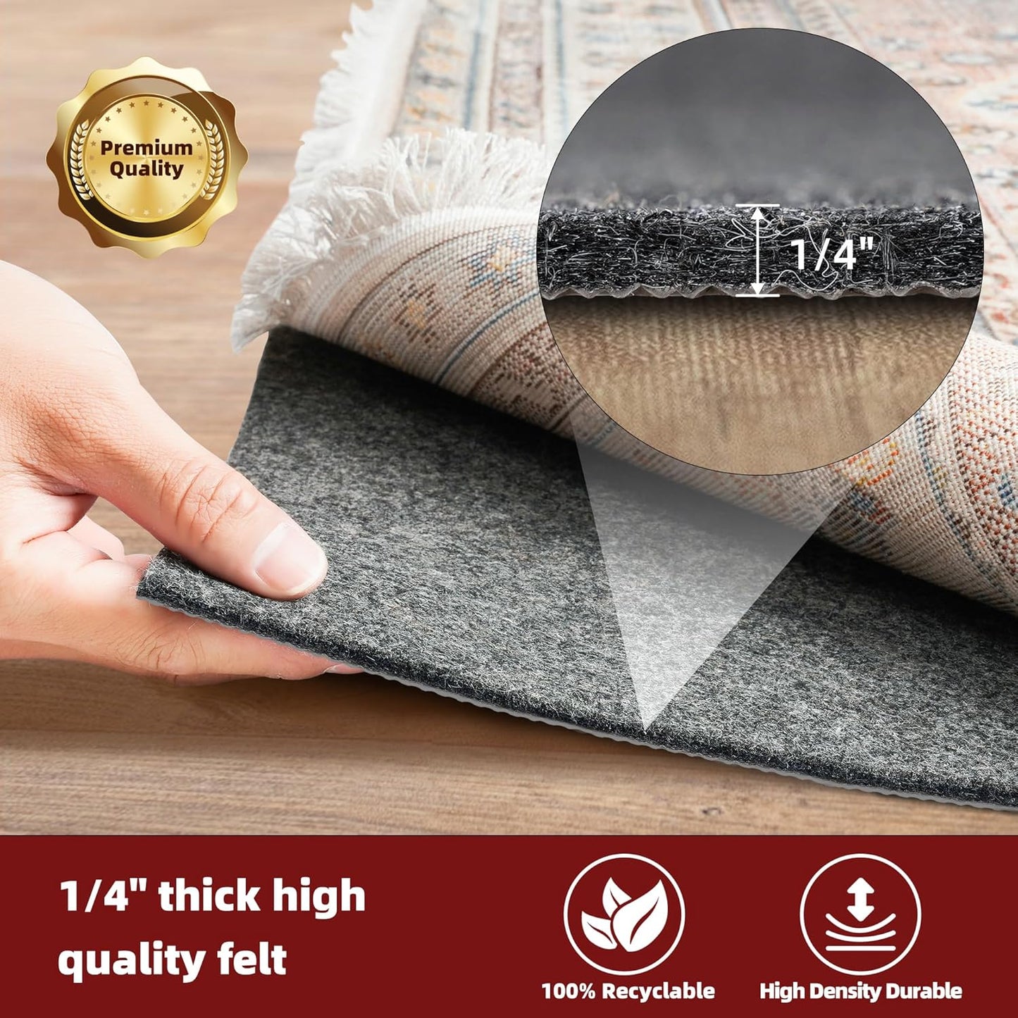 BAGAIL Felt and Natural Rubber Backing Rug Pads 1/4” Thick, 8 x 11 Ft Non Slip Rug Gripper Keep Rugs in Place, Under Area Rug Protective Cushioned Pads, Carpet Runners, Hardwood Floors Protection