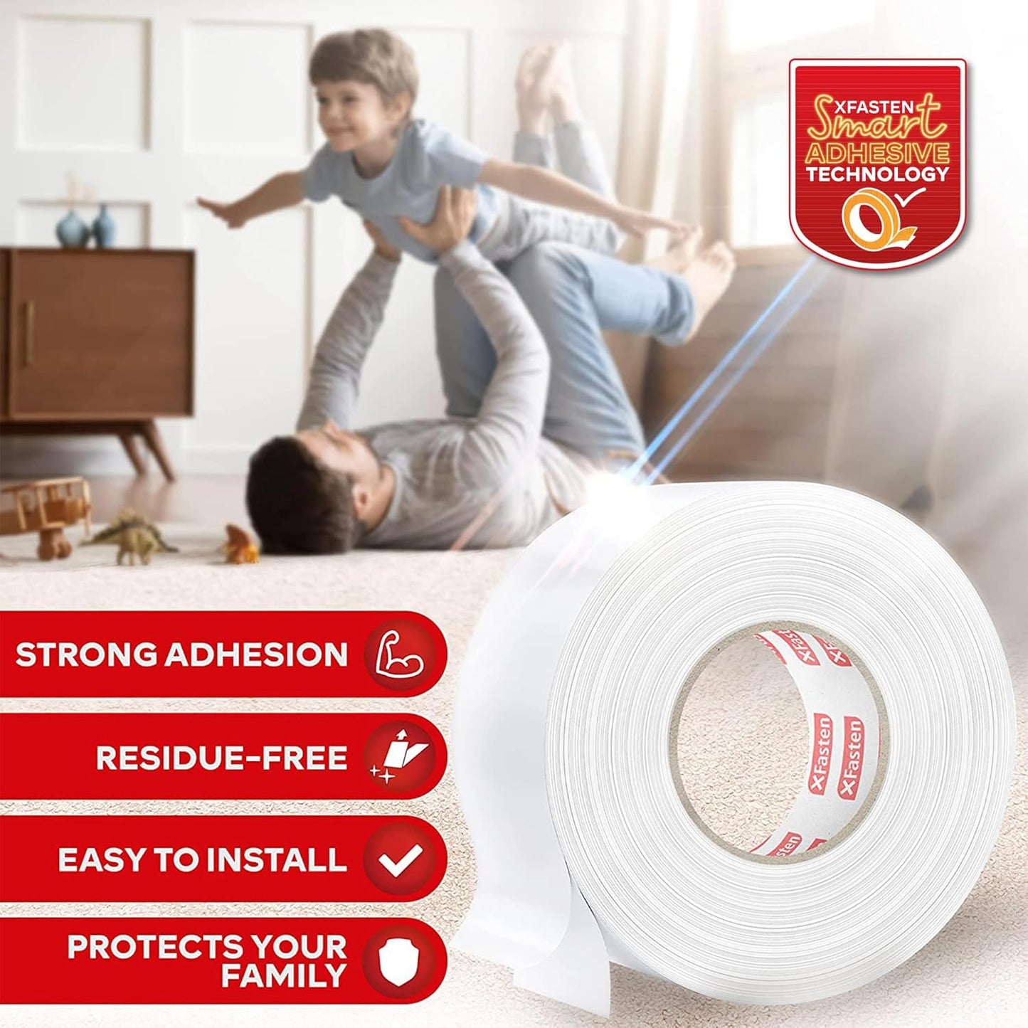 XFasten Double Sided Carpet Tape for Area Rugs, 3 Inch x 20 Yards – Heavy Duty Anti Slip Rug Grip Tape, Works as Rug Gripper, Residue Free, Wood Safe, Easy Removal for Hardwood and Laminate Floor