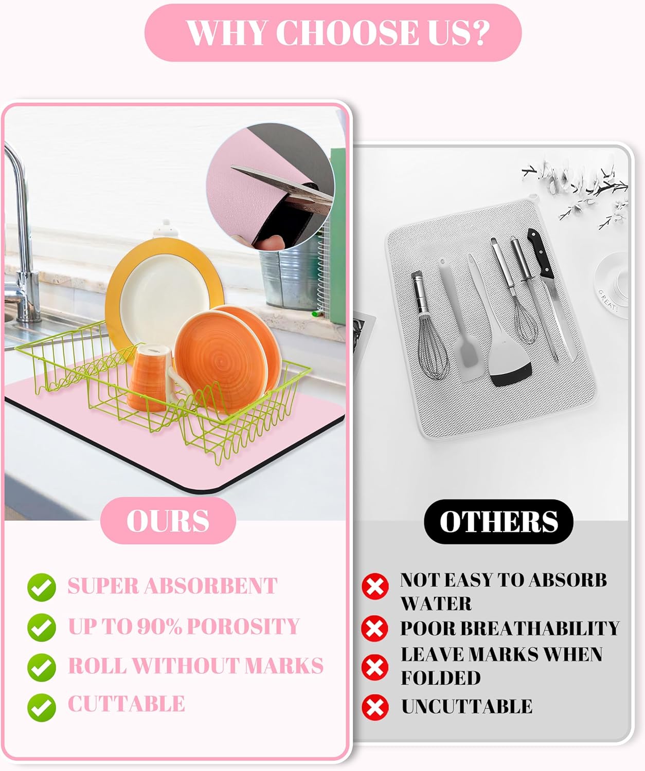 Dish Drying Mat for Kitchen Counter, 16"x24" Dish Drying Pad with Non-slip Rubber Backed, Hide Stain Anti Absorbent for Kitchen Counter, Drying Mat for Coffee Machine Dish Rack (Pink)