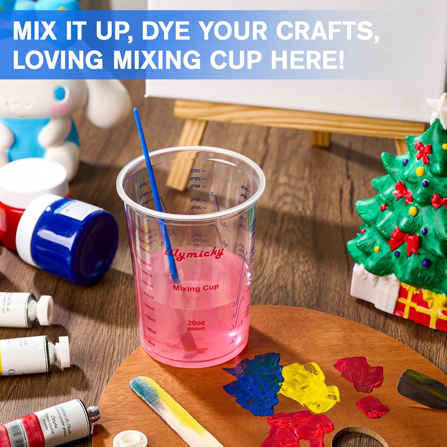 50 Pack Plastic Mixing Cups, 20 oz (600ml), Disposable Measuring Cups with 50 Wooden Mixing Sticks, Measurement ratios: 2:1, 3:1, 4:1, Suitable for Epoxy Resin, Liquid Measuring, and Paint