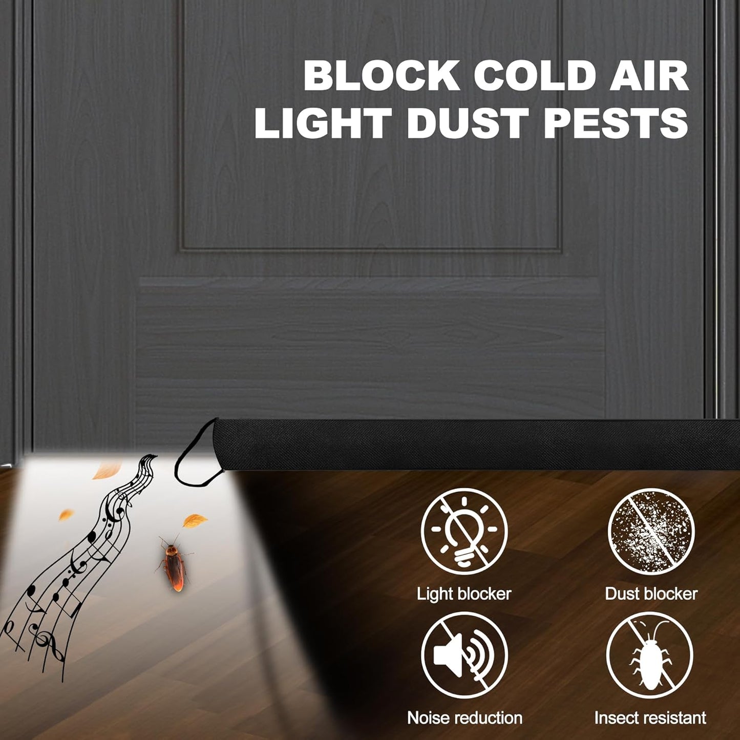 QUOLIX Triangle Under-Door Draft Stopper, 36 Inch Noise Blocker, Weighted Weather Stripping, Gray Cotton & Polyester, Multi-Function Noise & Light Blocker, Black