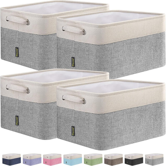 BALEINE 4 Pack Fabric Storage Bins for Shelves, Linen Storage Baskets for Organizing, Decorative Closet Bins for Clothes, Home (Grey, 15"x11"x9.5")