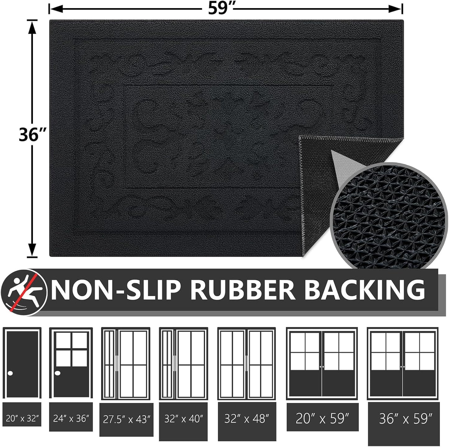 FONEYI Indoor Door Mat 36" x 59", Dirt Trapper Door Mats Non-Slip Entryway Rugs Washable, Absorbent Resist Dirt Welcome Mat, Low Profile Inside Floor Mats for Front Back Door and Entryway, Black