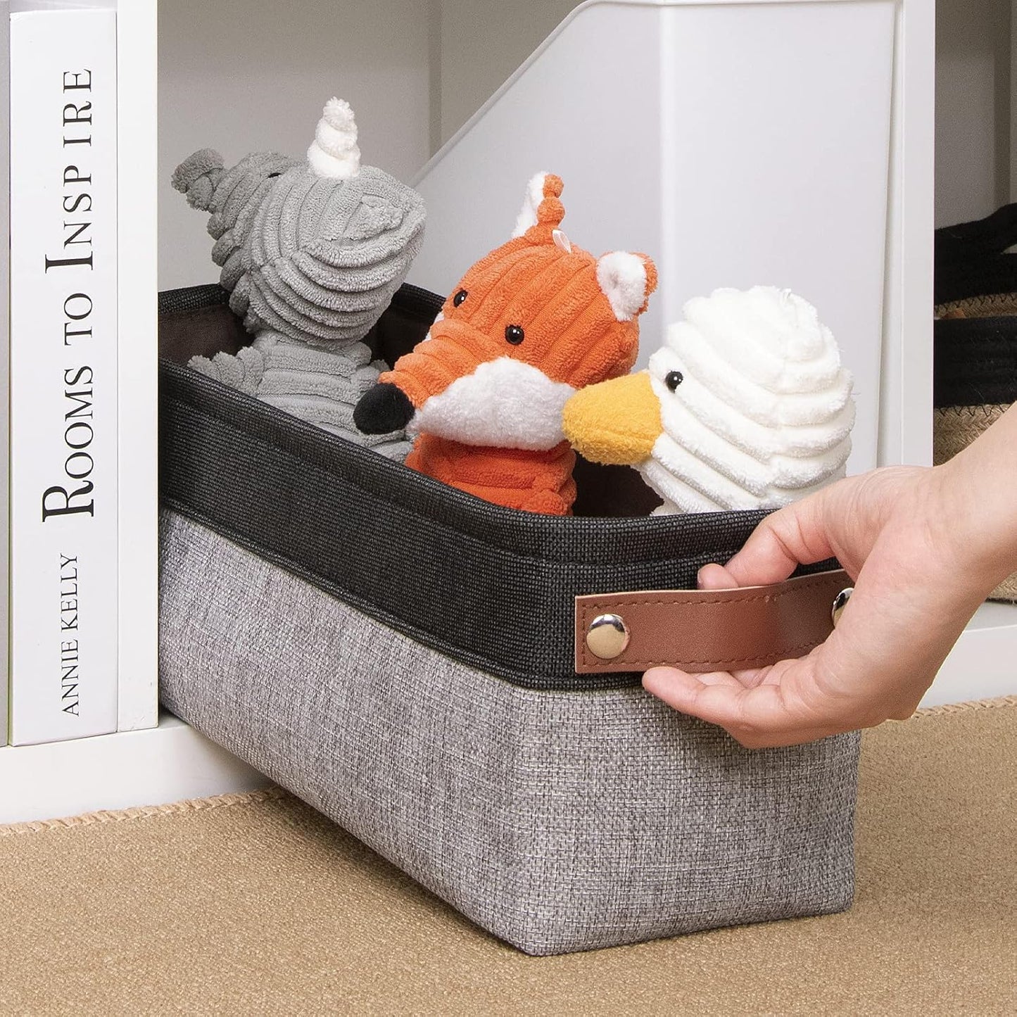 DULLEMELO Fabric Bathroom Storage Bin with Leather Handles, Narrow Organizer for Towels, Toilet Paper Rolls, Storage Basket for Back of Toilet, Vanities, Shelves & Cabinets (Black&Gray)