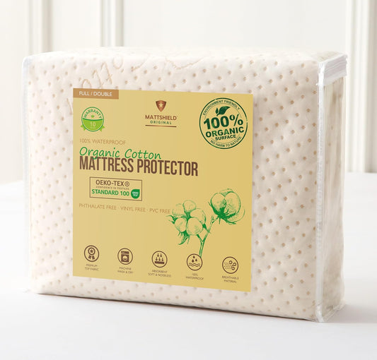 Luxury Waterproof Organic Mattress Protector Full - Organic Cotton Breathable Mattress Pad Cover - New 380 GSM Comfort - Deep Pocket - Jersey Cotton Skirt - Fitted Comfort