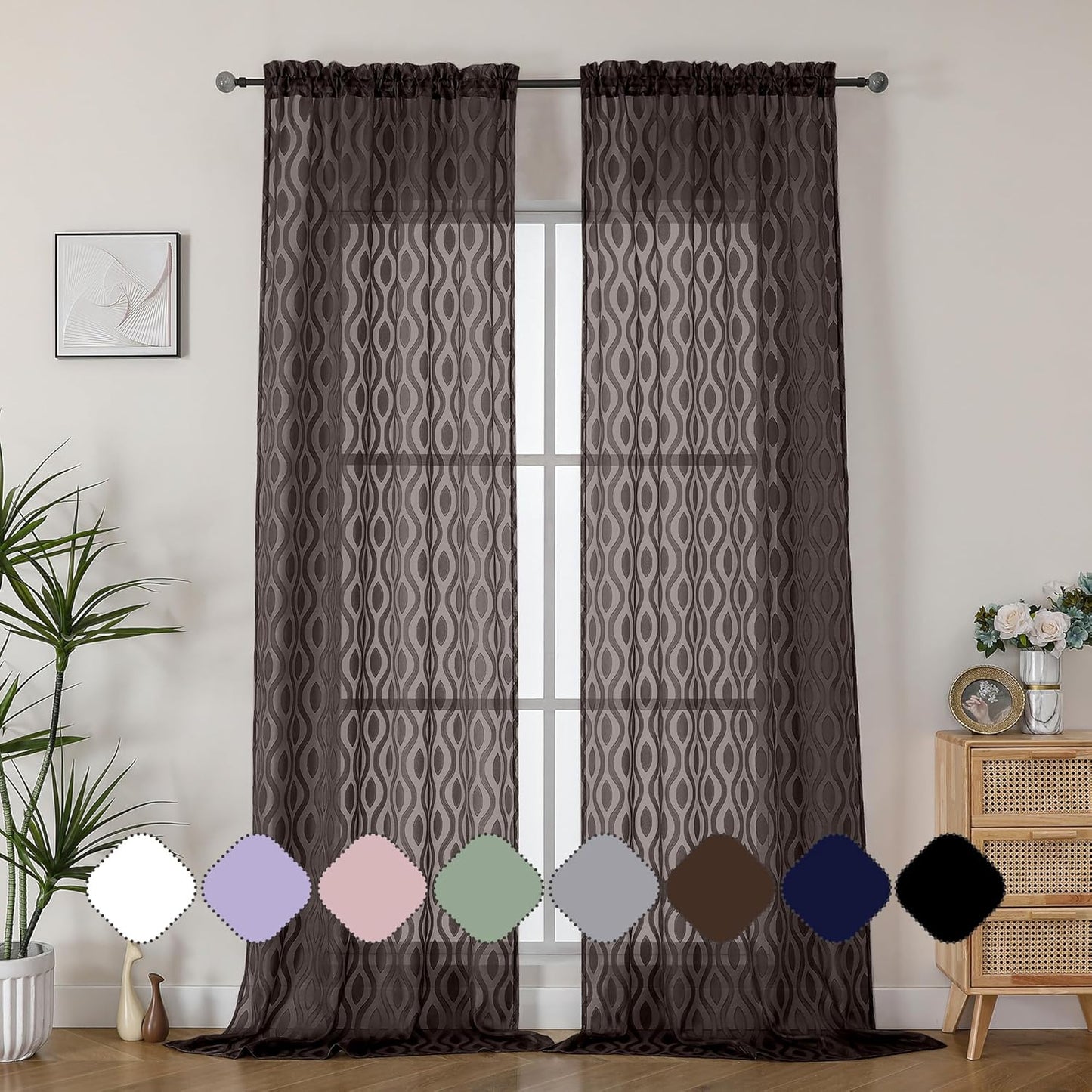 Aiyufeng Sheer Curtains 96 Inches Long for Bedroom and Living Room, 2 Panels, Farmhouse Wavy Line Light Filtering Clip Jacquard Solid, Rod Pocket, Brown, 40" W x 96" L