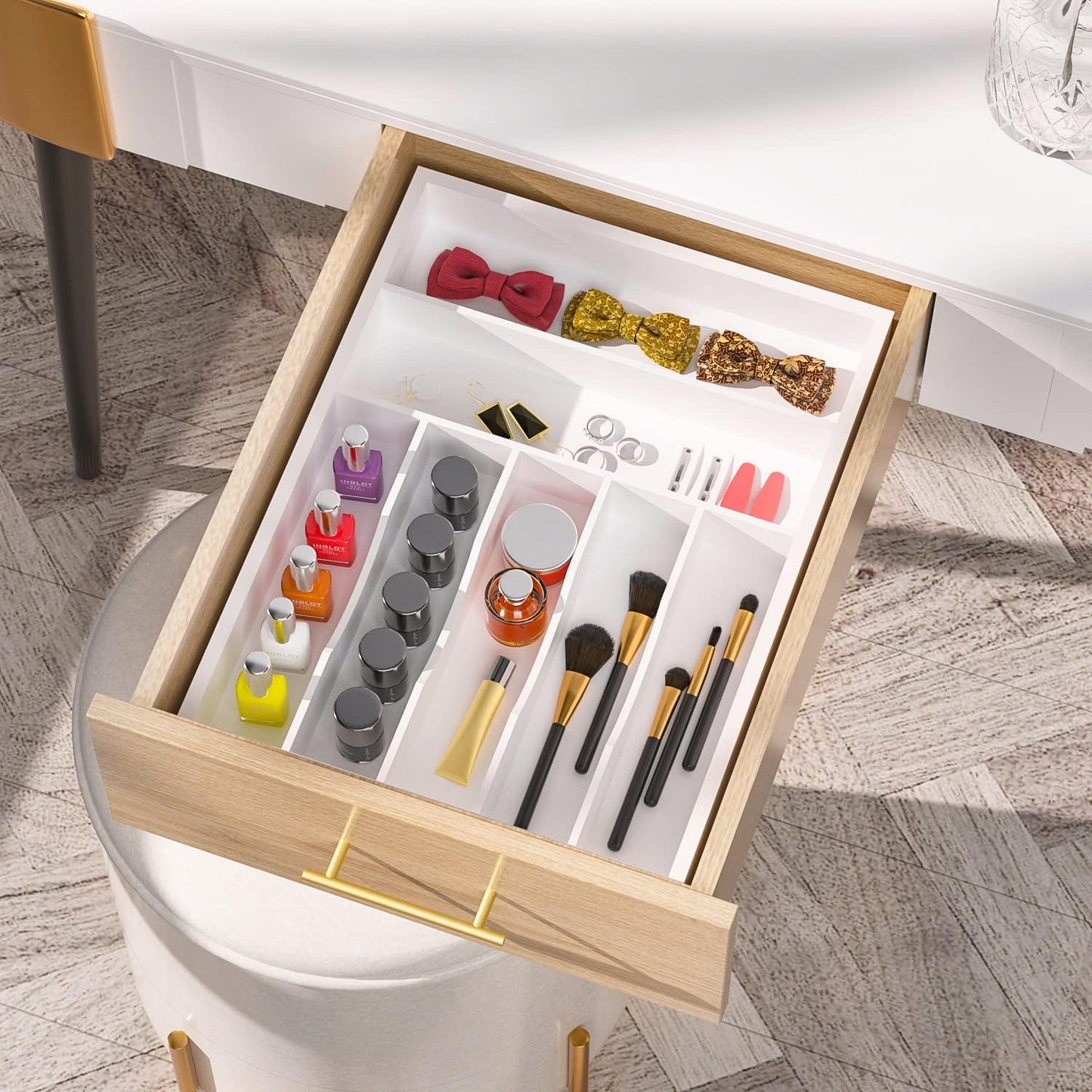 Utensil Organizer Silverware Drawer Organizer - 7 Slots Bamboo Cutlery Organizer Multi-Purpose Silverware Divider for Kitchen Flatware, Hair Accessories, Repair Tools, Art Set W13”x L17” (White)