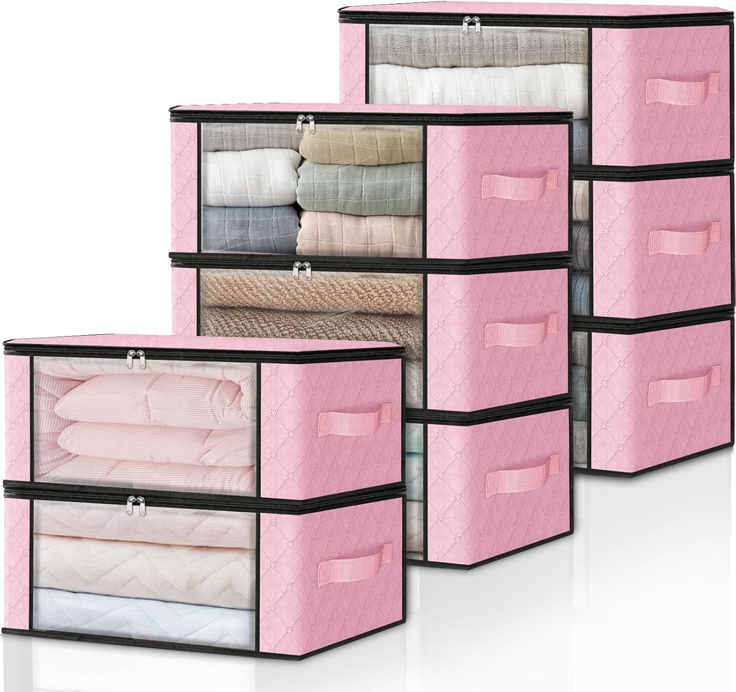 HomeHacks Storage 8-Pack Clothes Organizer Storage Bags Foldable Storage Box with Large Clear Window Sturdy Handles for Closet, Dorm, Pillows, Bedding, Clothes, Blankets, 35L, Pink