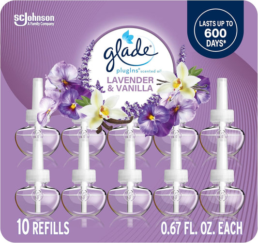 Glade PlugIns Refills Air Freshener, Scented and Essential Oils for Home and Bathroom, Lavender & Vanilla, 6.7 Fl Oz, 10 Count (Packaging May Vary)