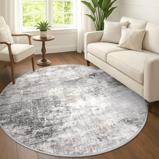 IOHOUZE Abstract Round Area Rug 6 Ft Washable Circle Rugs Large Round Rug Non Slip Thin Soft Circle Rugs, Printed Faux Wool Floor Carpet for Bedroom Living Room Dining Room Nursery, Grey Beige