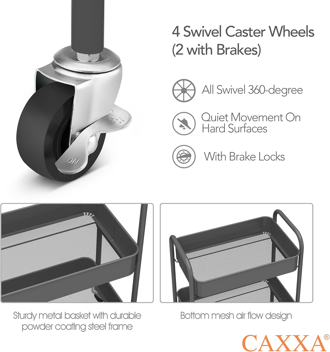 CAXXA 3-Tier Rolling Metal Storage Organizer - Mobile Utility Cart with Caster Wheels, Gray