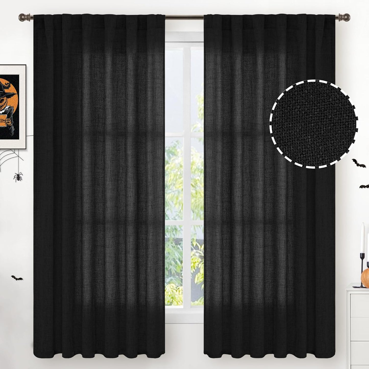 YoungsTex Black Linen Curtains 63 inch Length 2 Panels for Living Room, Back Tab and Rod Pocket Semi Sheer Drapes Light Filtering for Bedroom Gothic Decorative, 52 X 63 Inch