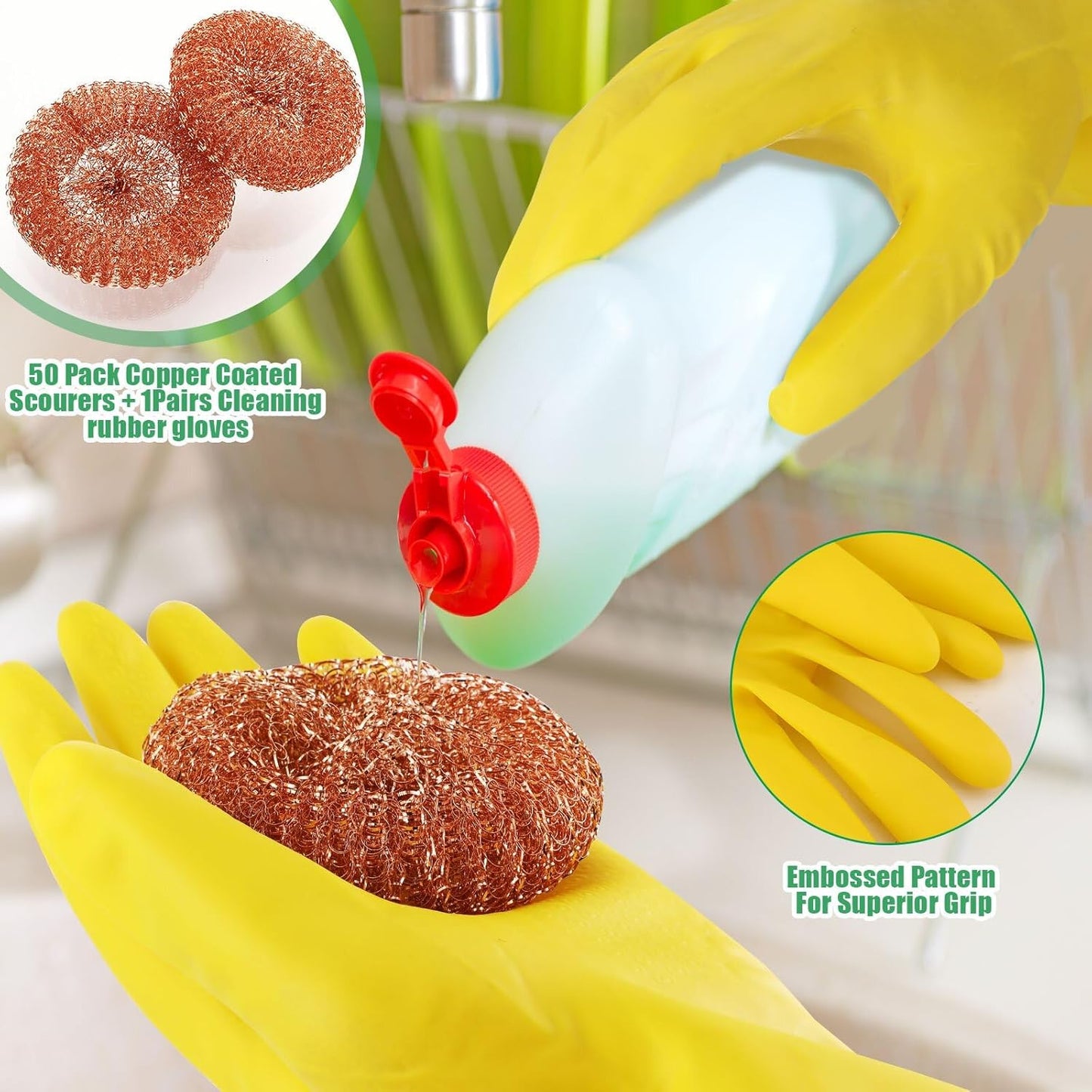 Hushee 50 Pack Copper Coated Scourers Rust Resistant Scrubbing Scouring Pad with 1 Pair of Rubber Household Cleaning Gloves Heavy Duty Copper Mesh Scourer for Dishes, Pots, Pans, and Ovens