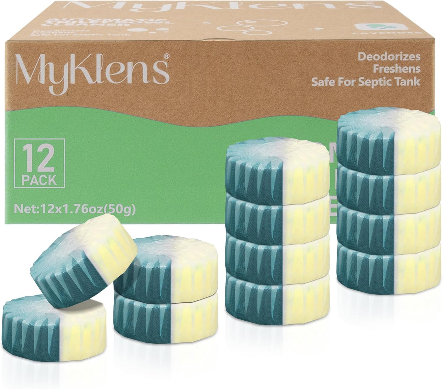 Toilet Bowl Cleaner Tablets, Automatic Toilet Bowl Cleaners, Long-Lasting Toilet Tabs Drop in Tank for Deodorizing & Descaling, Green & Yellow, 12 Packs