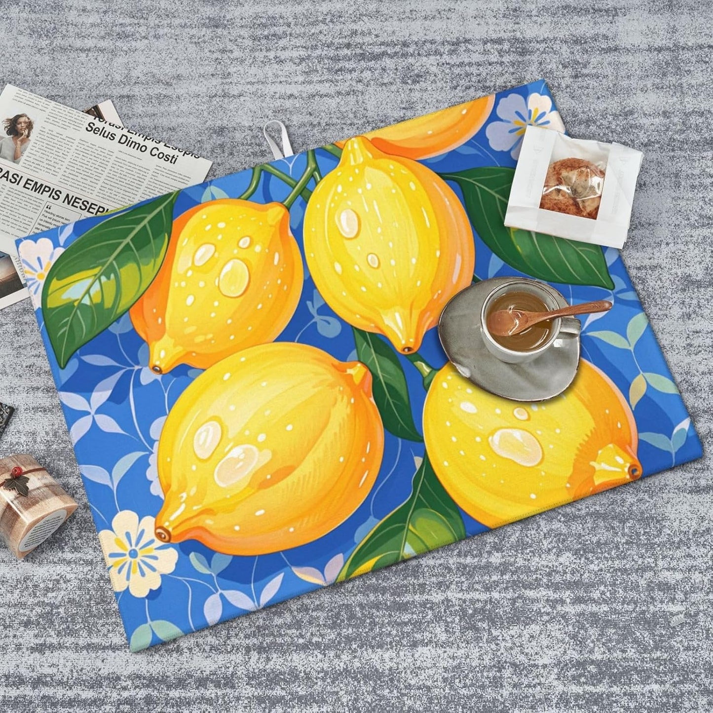 lemon Dish Drying Mat Highly Absorbent Double-Sided Microfiber with Hanging Loop Reversible Drain Dish Rack Mat Drain Mat Suitable for Kitchen Countertop Coffee Bar 18 x 24 Inch