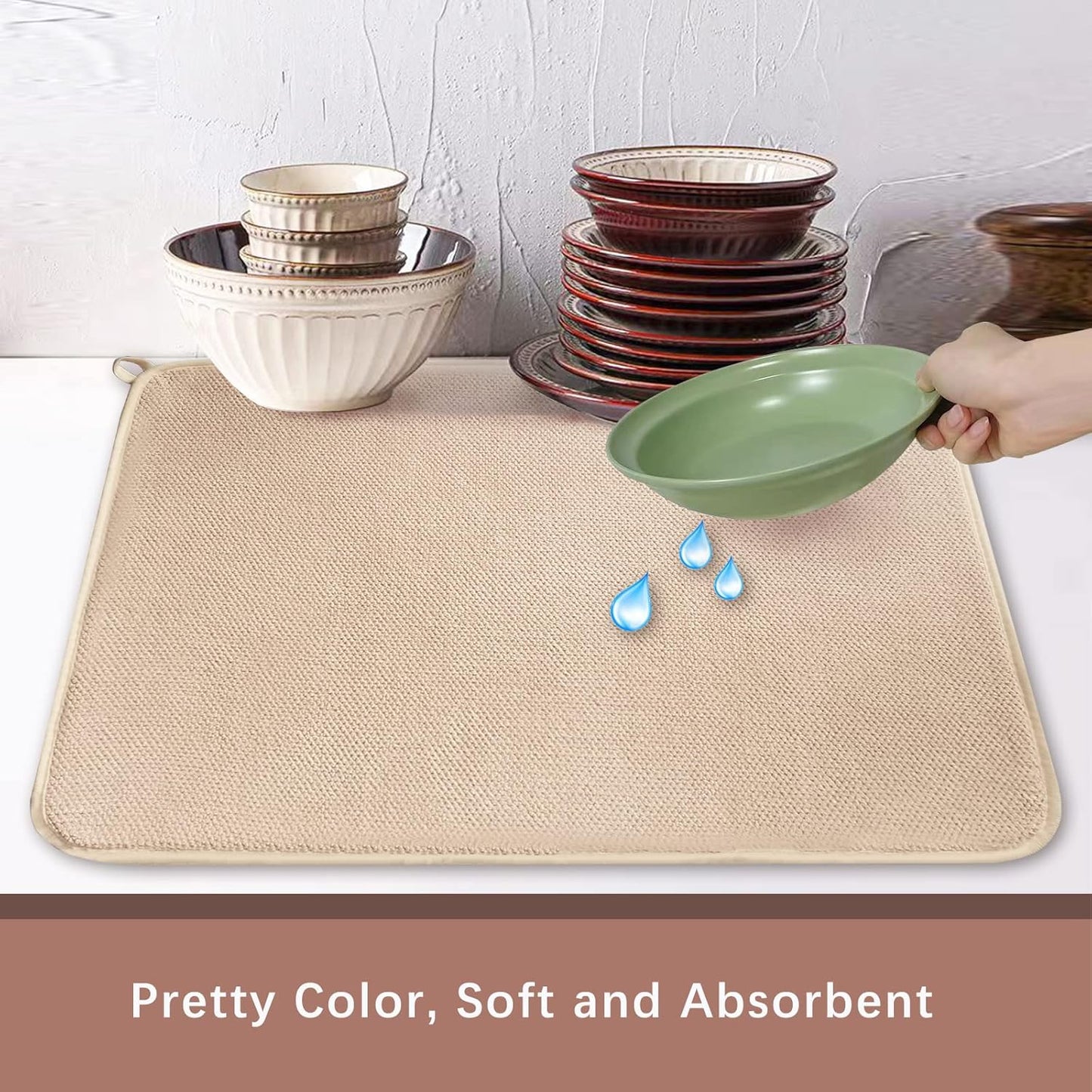 Dish Drying Mats for Kitchen Counter, 2 Pack Dish Drying Pads Dish Rack Mat Drying Pink Kitchen Mat (Beige-2)